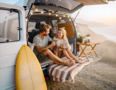 Couple Enjoying Coffee in Van at Sunset