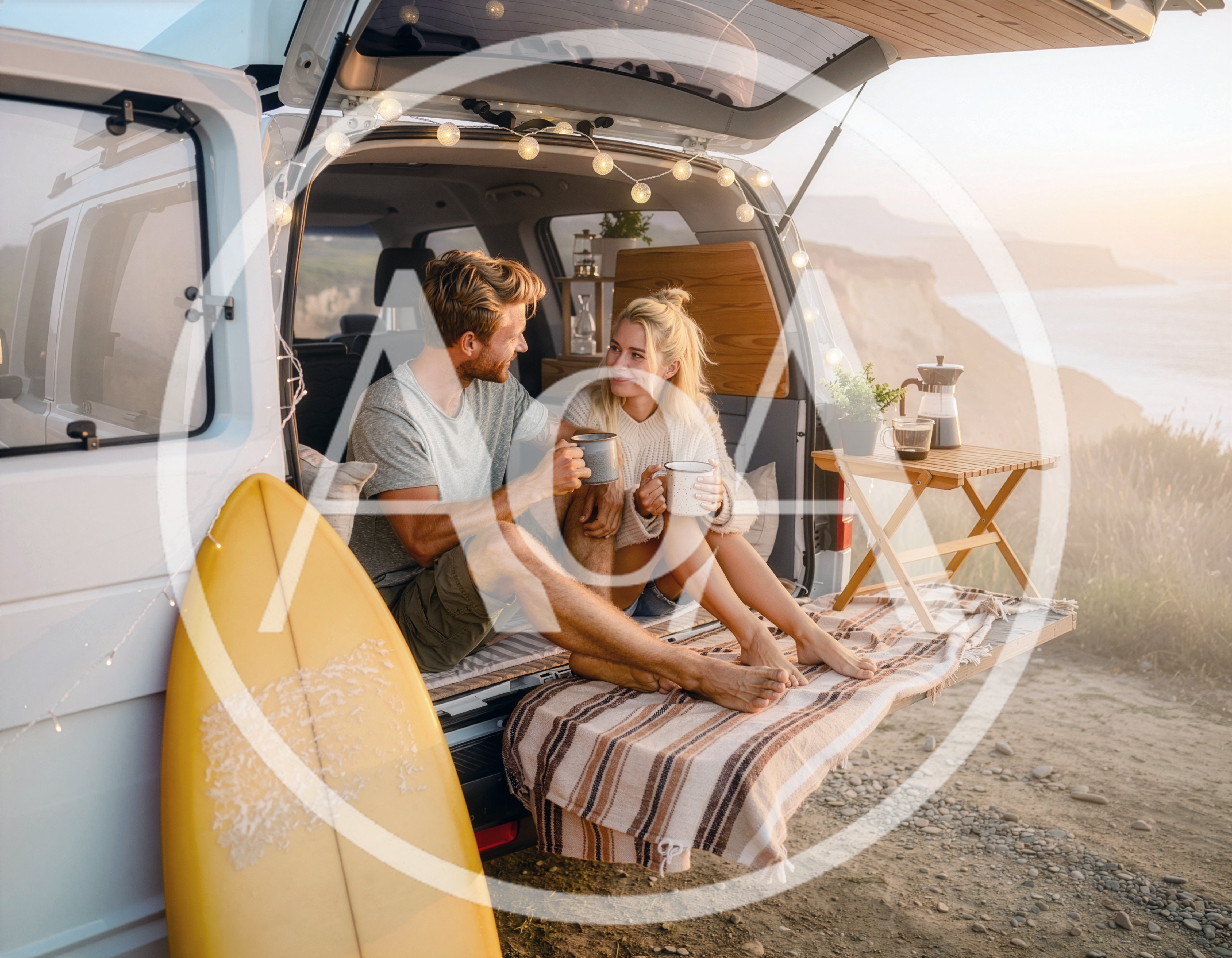 Couple Enjoying Coffee in Van at Sunset