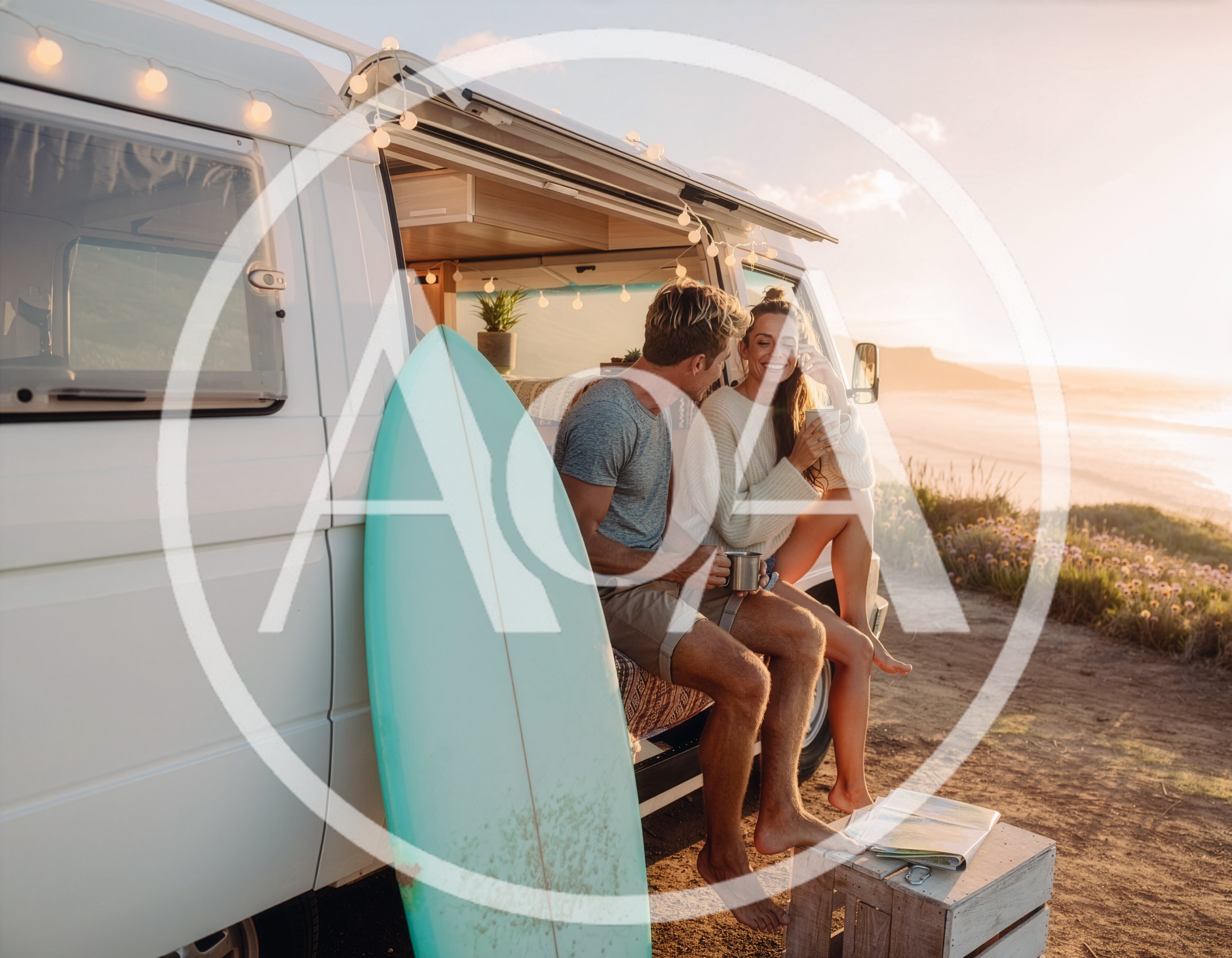 Couple Enjoying Coffee By Their Camper Van At Sunset