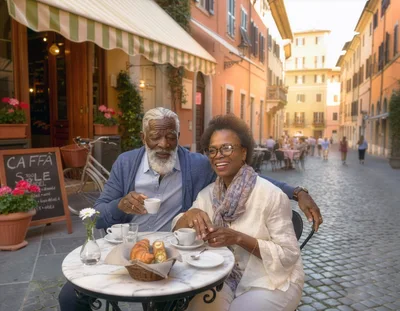 Senior Couple Enjoying Coffee and Pastries at Italian Cafe