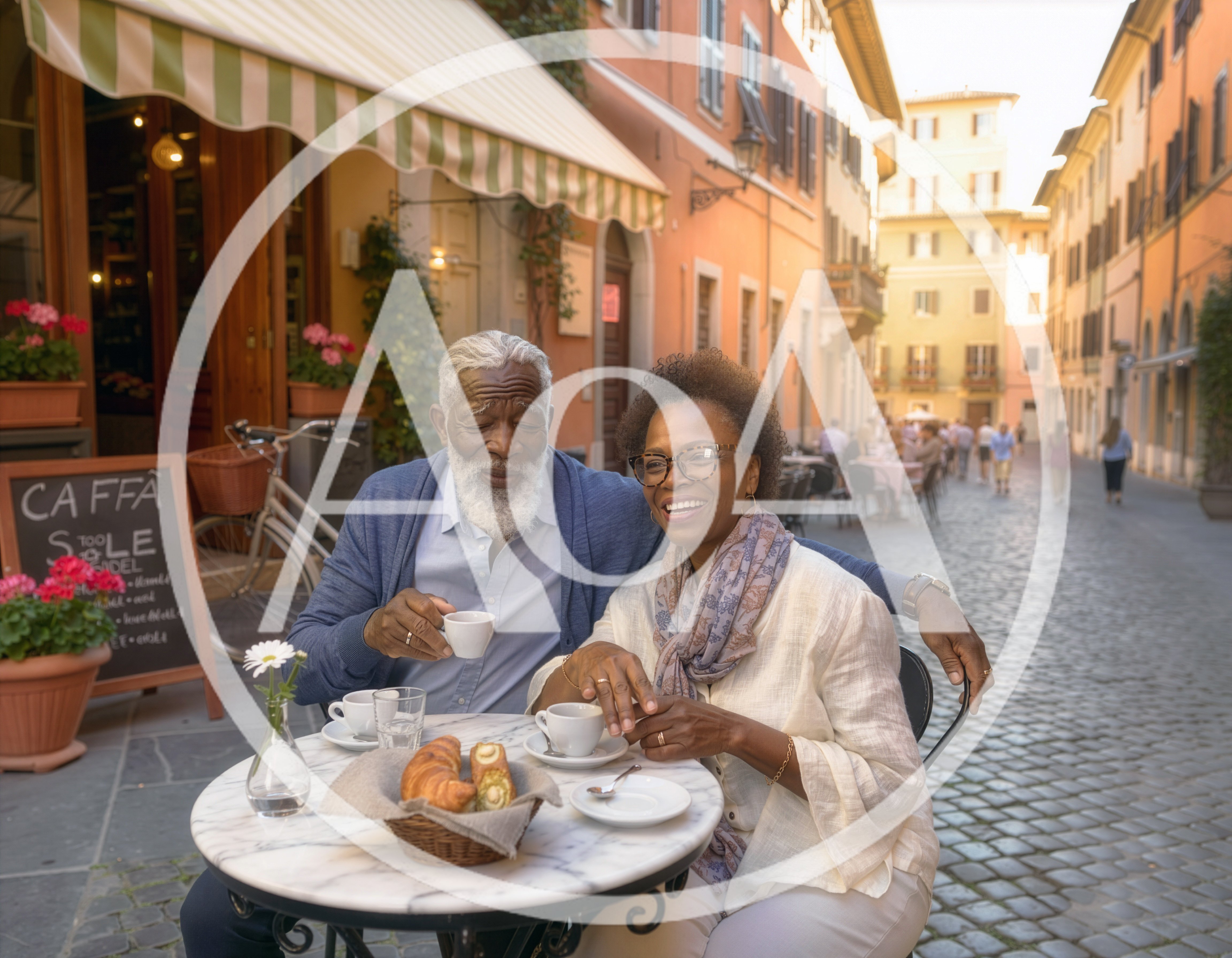 Senior Couple Enjoying Coffee and Pastries at Italian Cafe