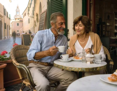 Senior Couple Enjoying Coffee And Pastries At Outdoor Cafe