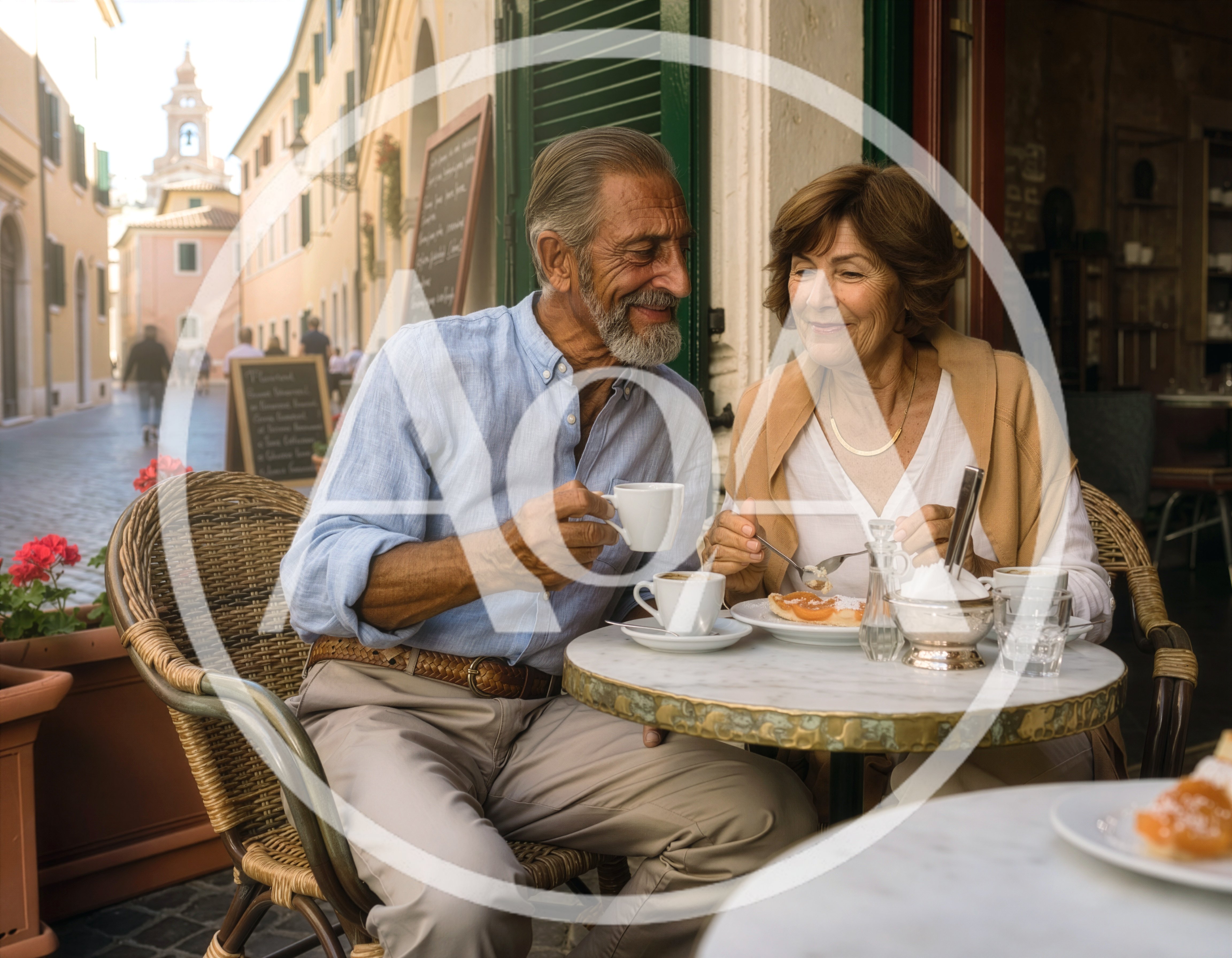Senior Couple Enjoying Coffee And Pastries At Outdoor Cafe