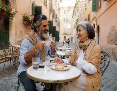 Senior Couple Enjoying Coffee and Pastries in Italian Street