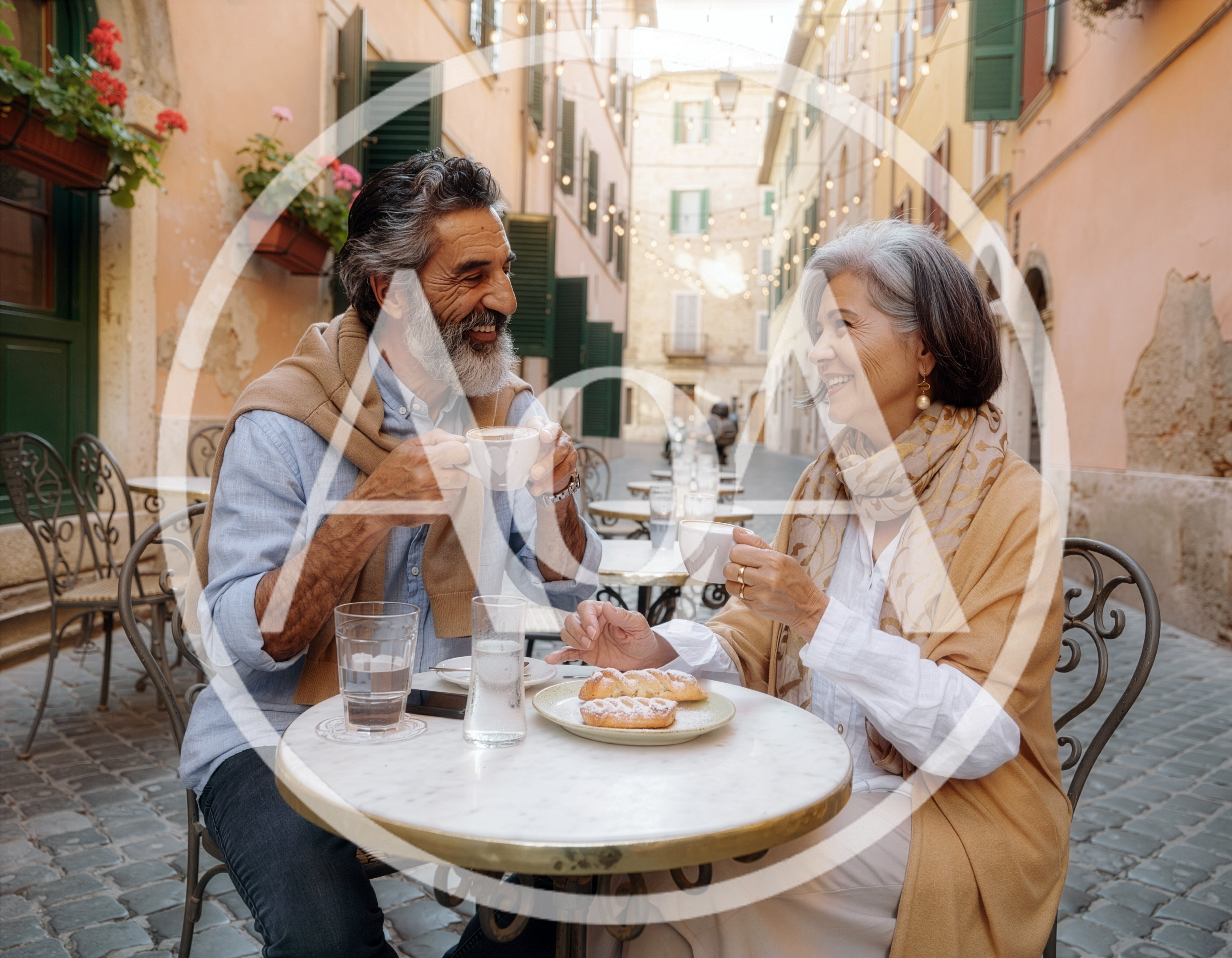 Senior Couple Enjoying Coffee and Pastries in Italian Street