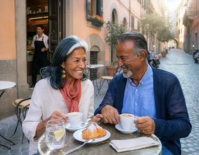 Senior Couple Enjoying Coffee and Pastry at Italian Cafe