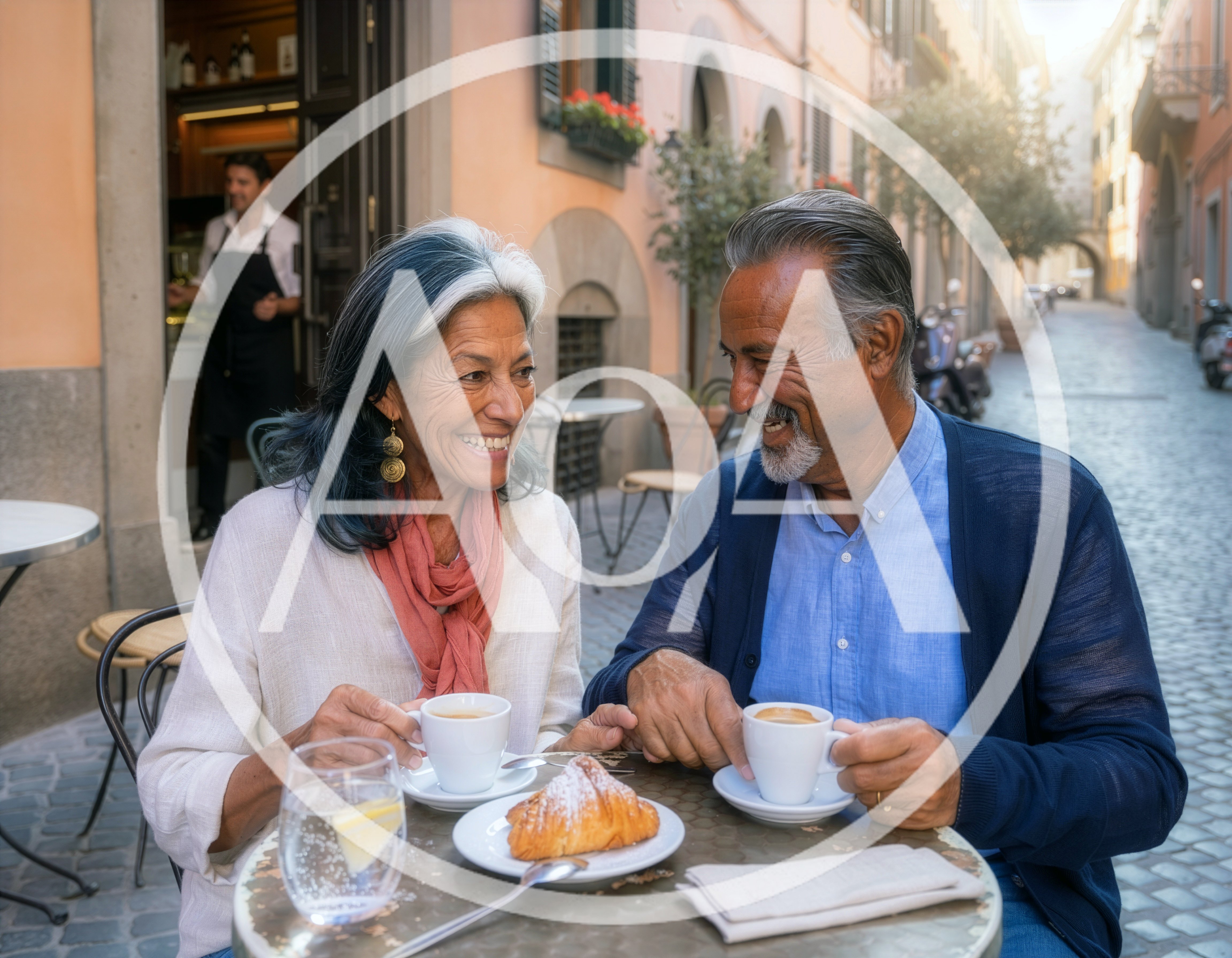 Senior Couple Enjoying Coffee and Pastry at Italian Cafe