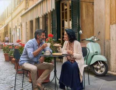 Mature Couple Enjoying Coffee And Pastries At Outdoor Cafe