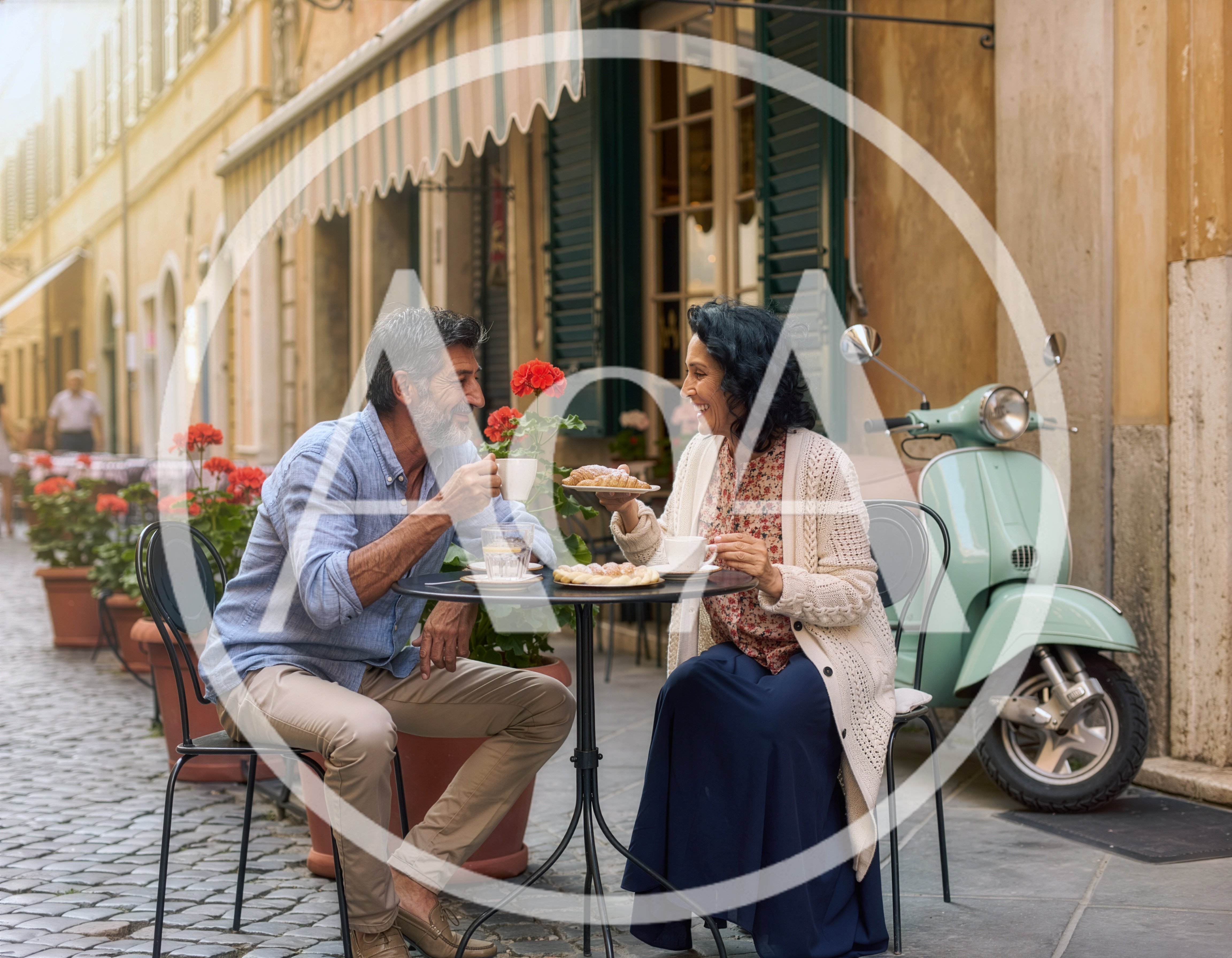 Mature Couple Enjoying Coffee And Pastries At Outdoor Cafe