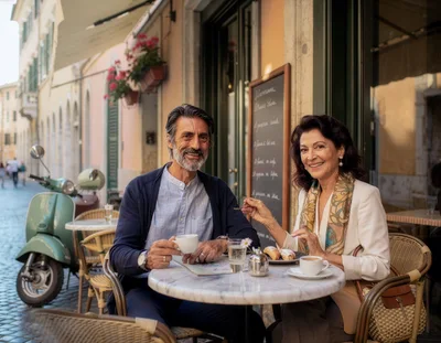 Mature Couple Enjoying Coffee At An Outdoor Italian Cafe