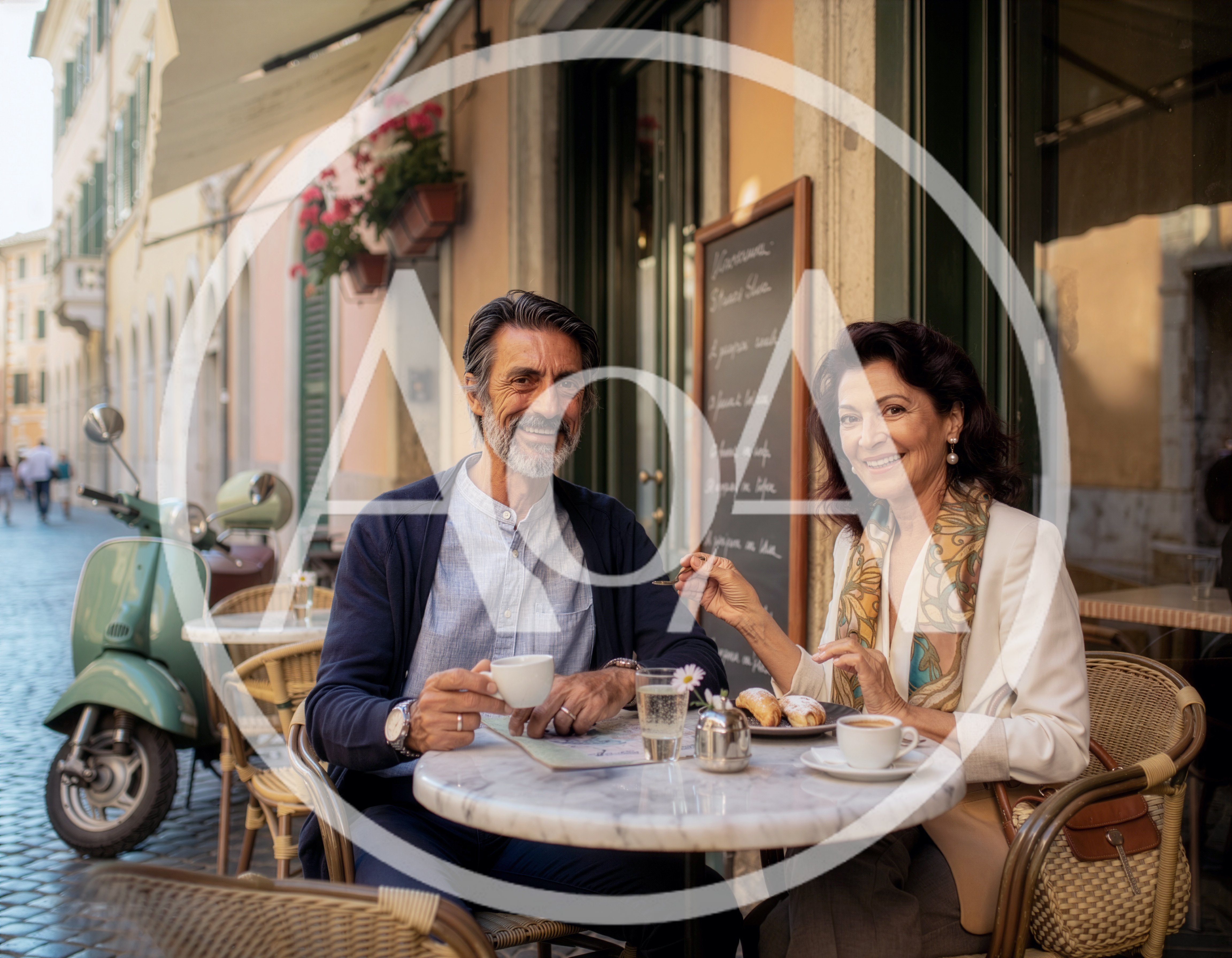 Mature Couple Enjoying Coffee At An Outdoor Italian Cafe