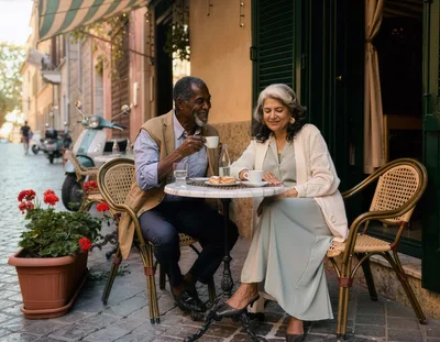 Senior Couple Enjoying Coffee at an Outdoor Cafe