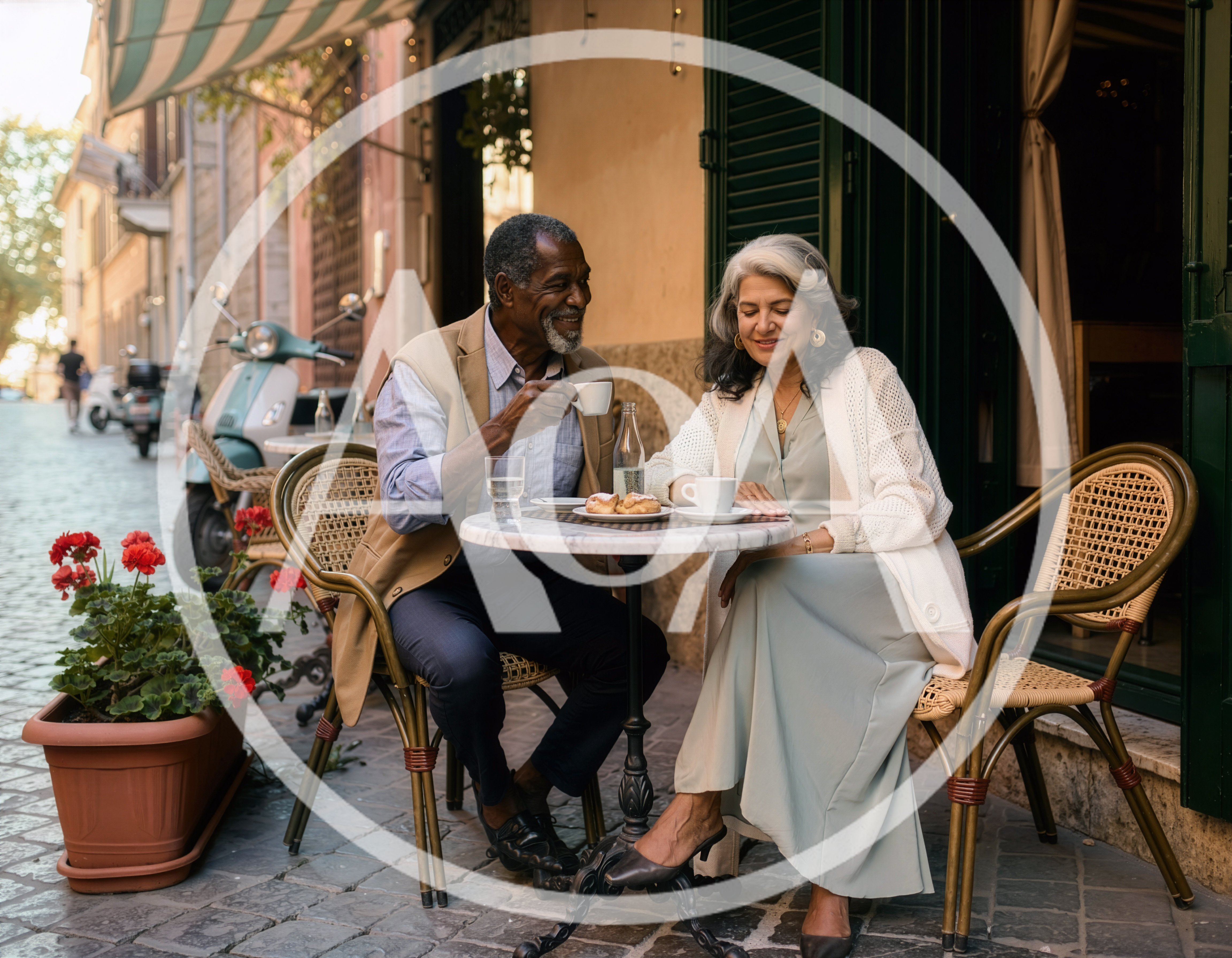 Senior Couple Enjoying Coffee at an Outdoor Cafe