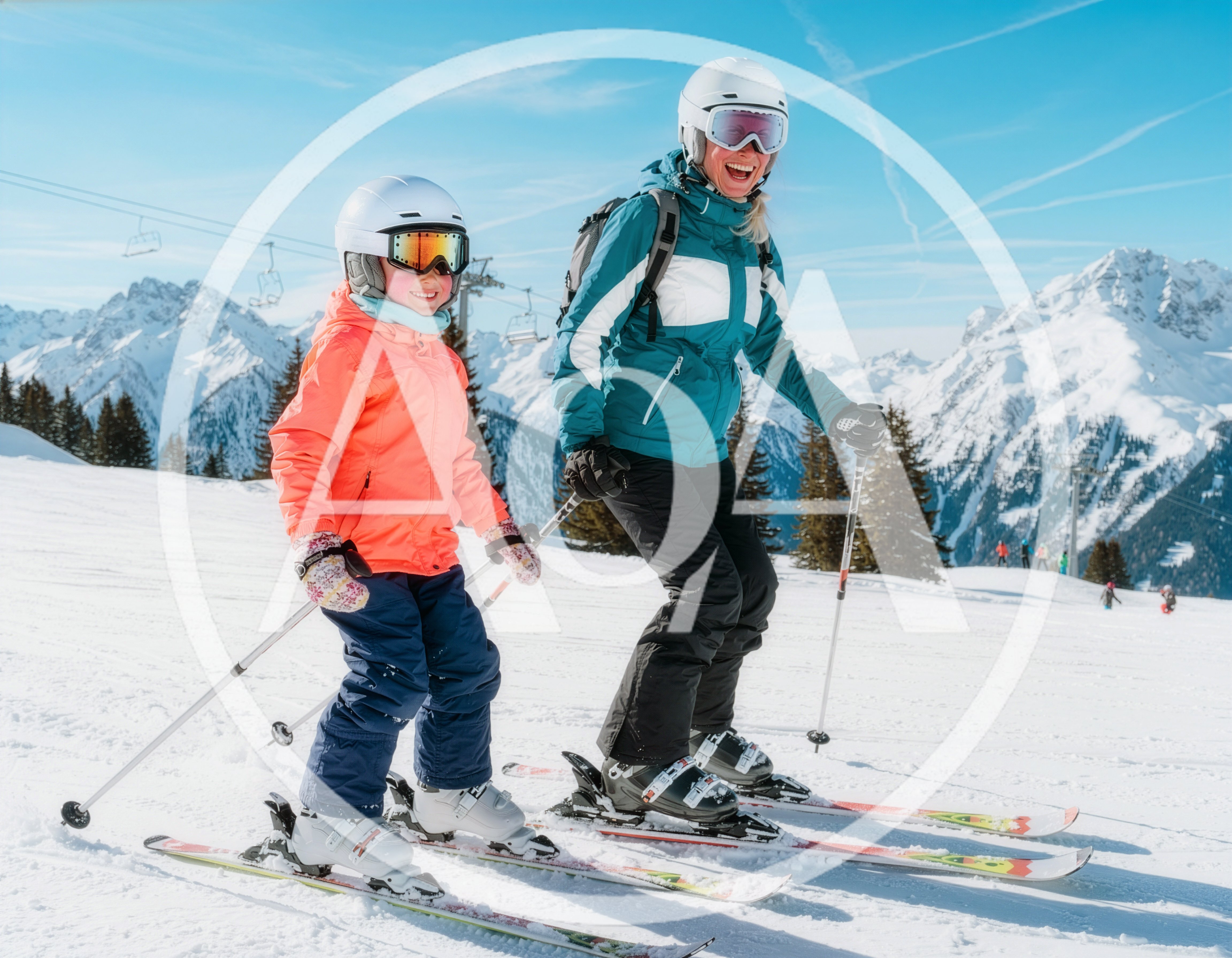 Mother and Daughter Skiing Together in the Alps