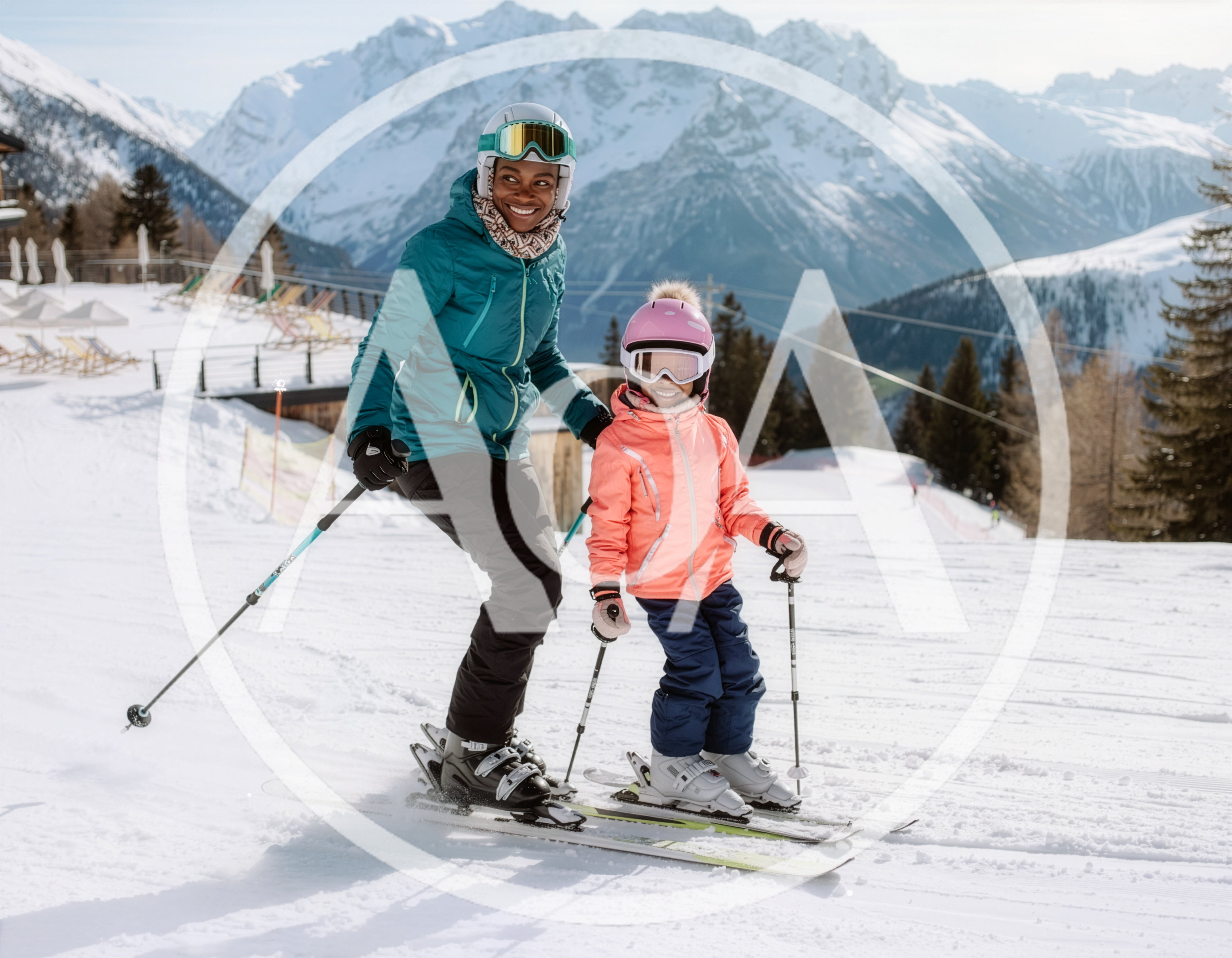 Mother and Daughter Skiing Together in the Alps