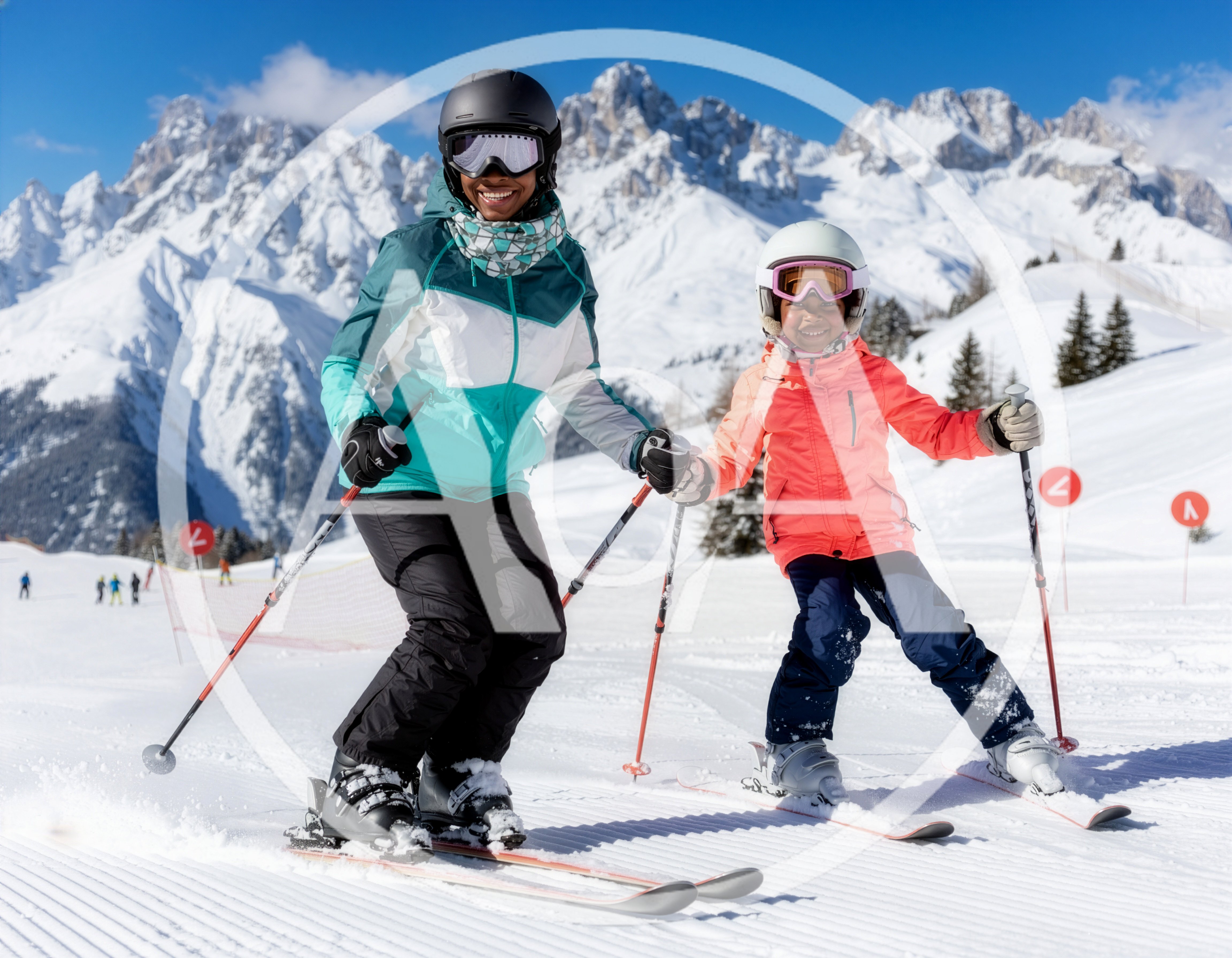 Mother and Daughter Skiing Together on Snowy Mountain