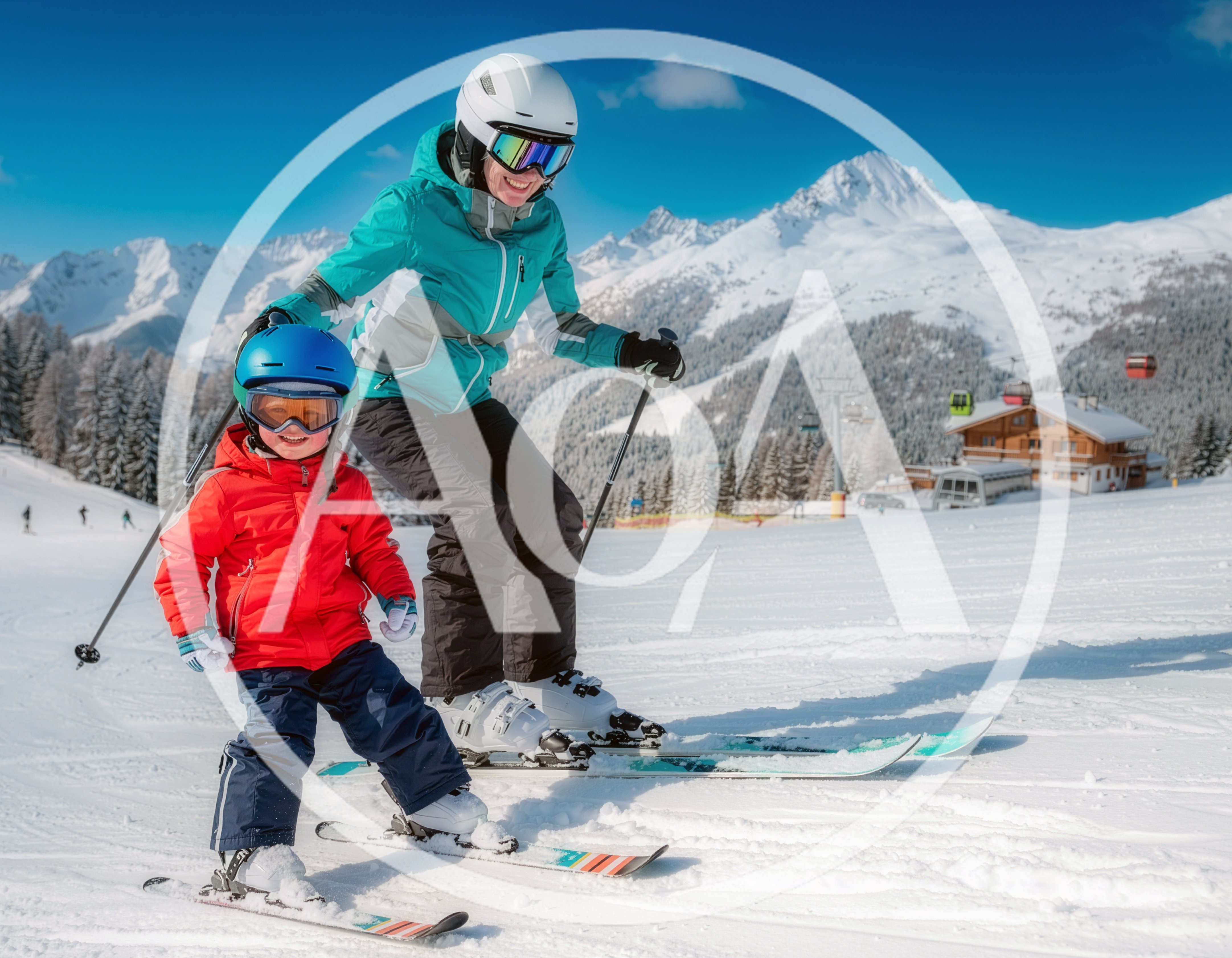 Mother Teaching Young Child To Ski In Mountains