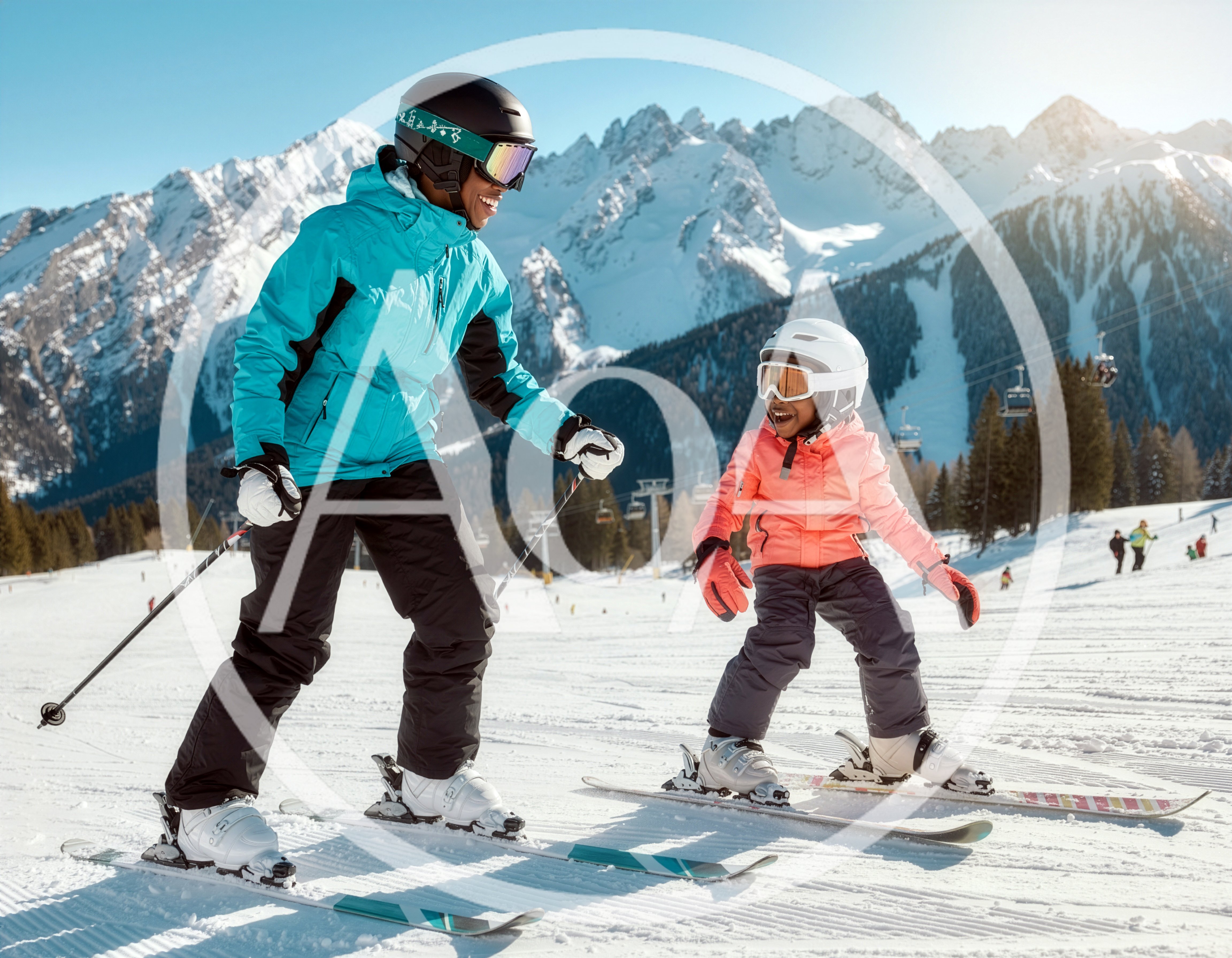 Mother Teaching Young Daughter How To Ski