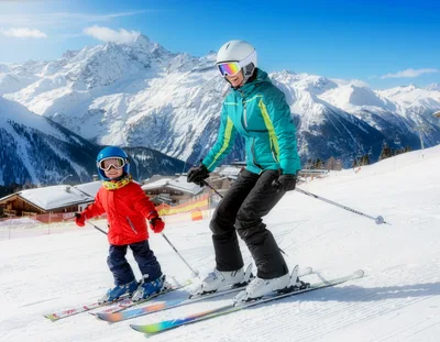 Mother and Child Skiing Together in the Alps