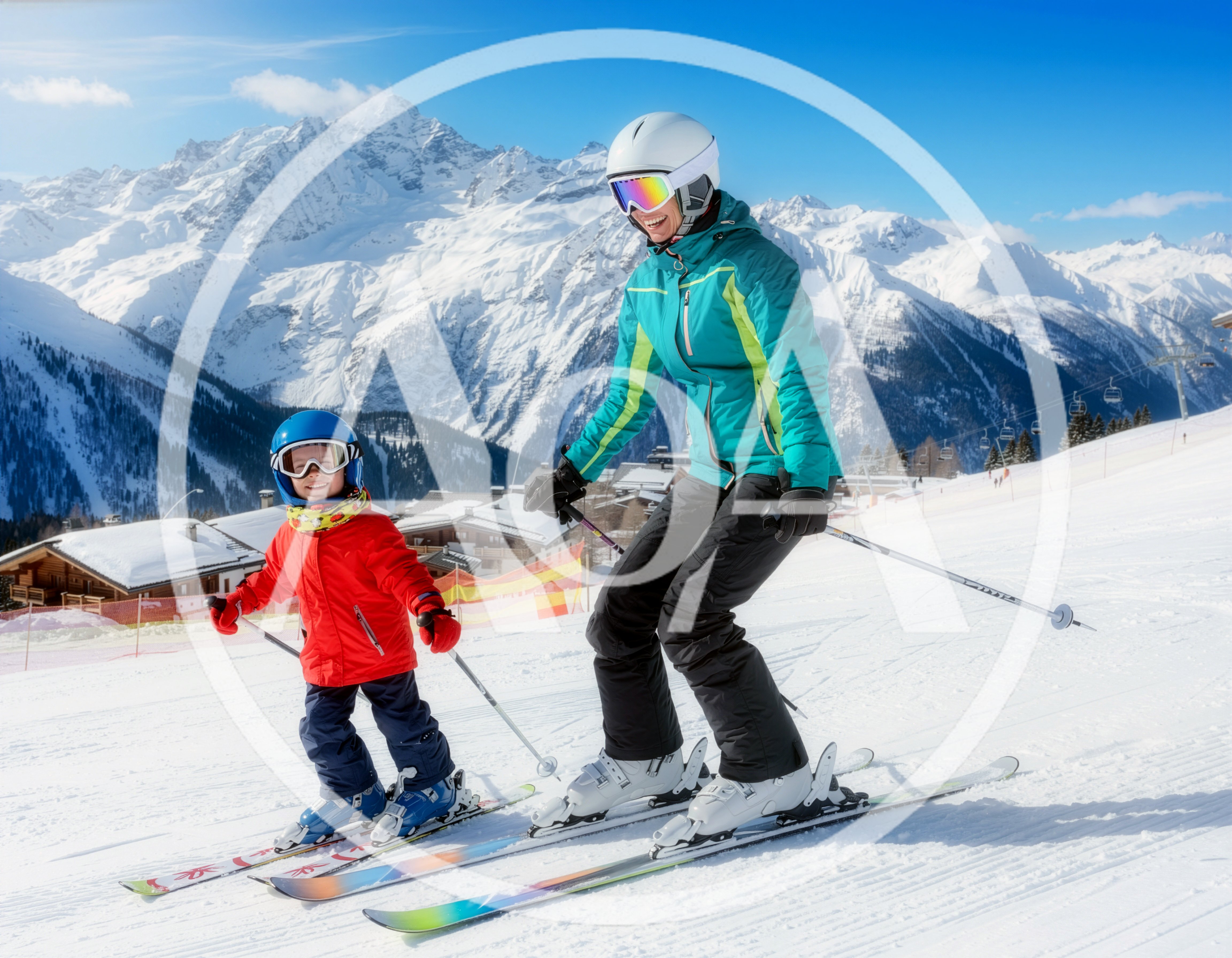 Mother and Child Skiing Together in the Alps