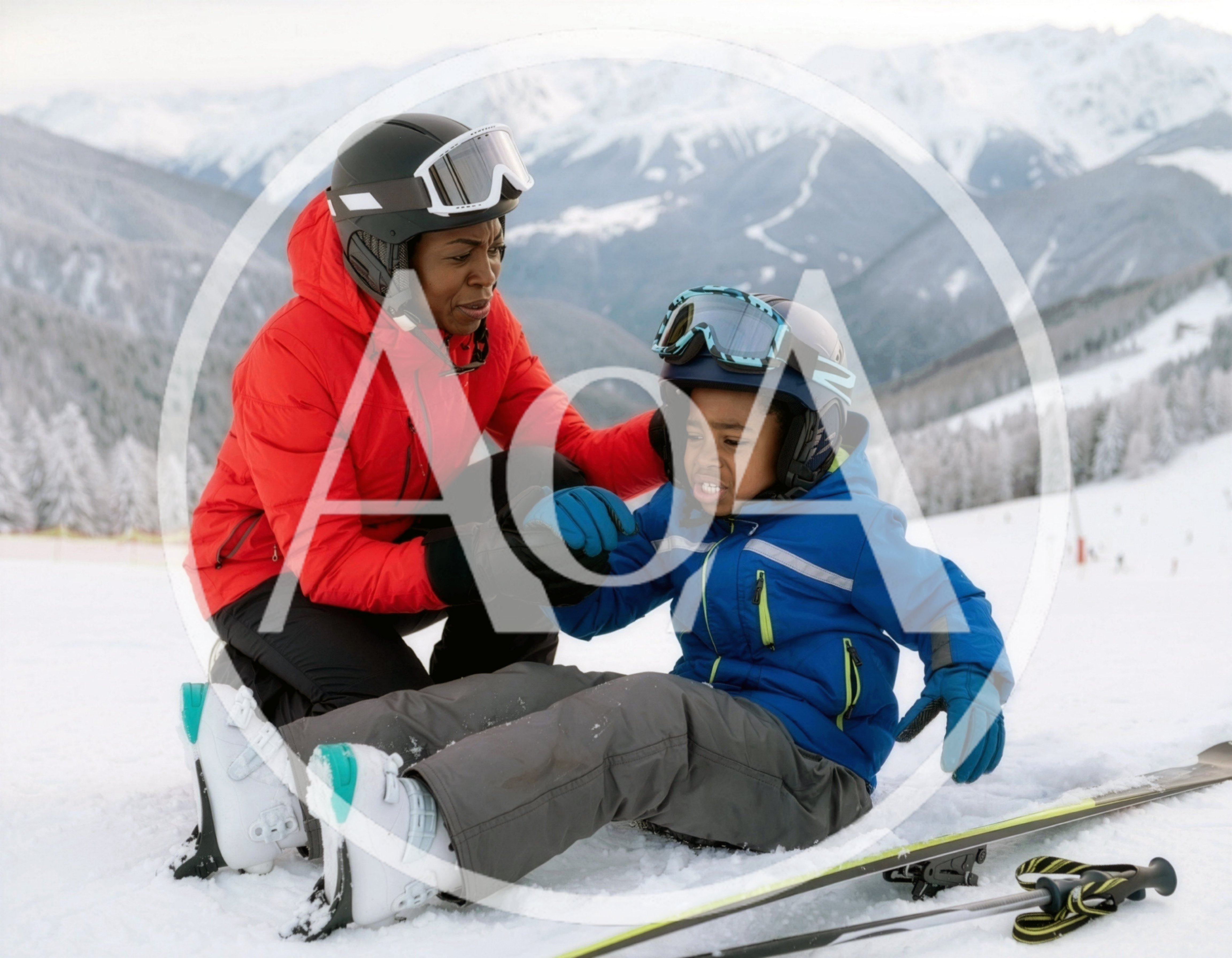 Mother Comforting Young Son After Skiing Fall
