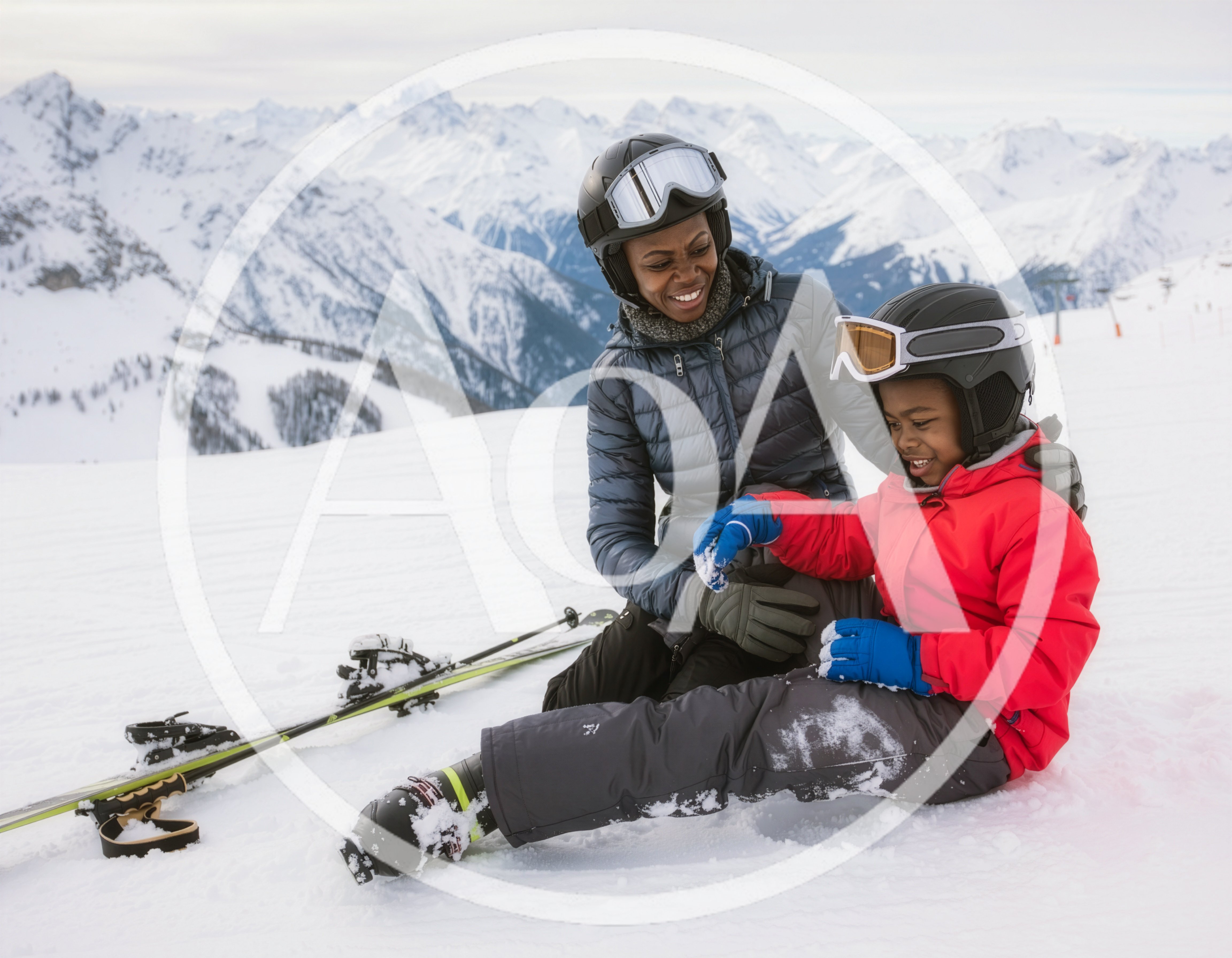 Mother And Son Skiing Together In The Mountains