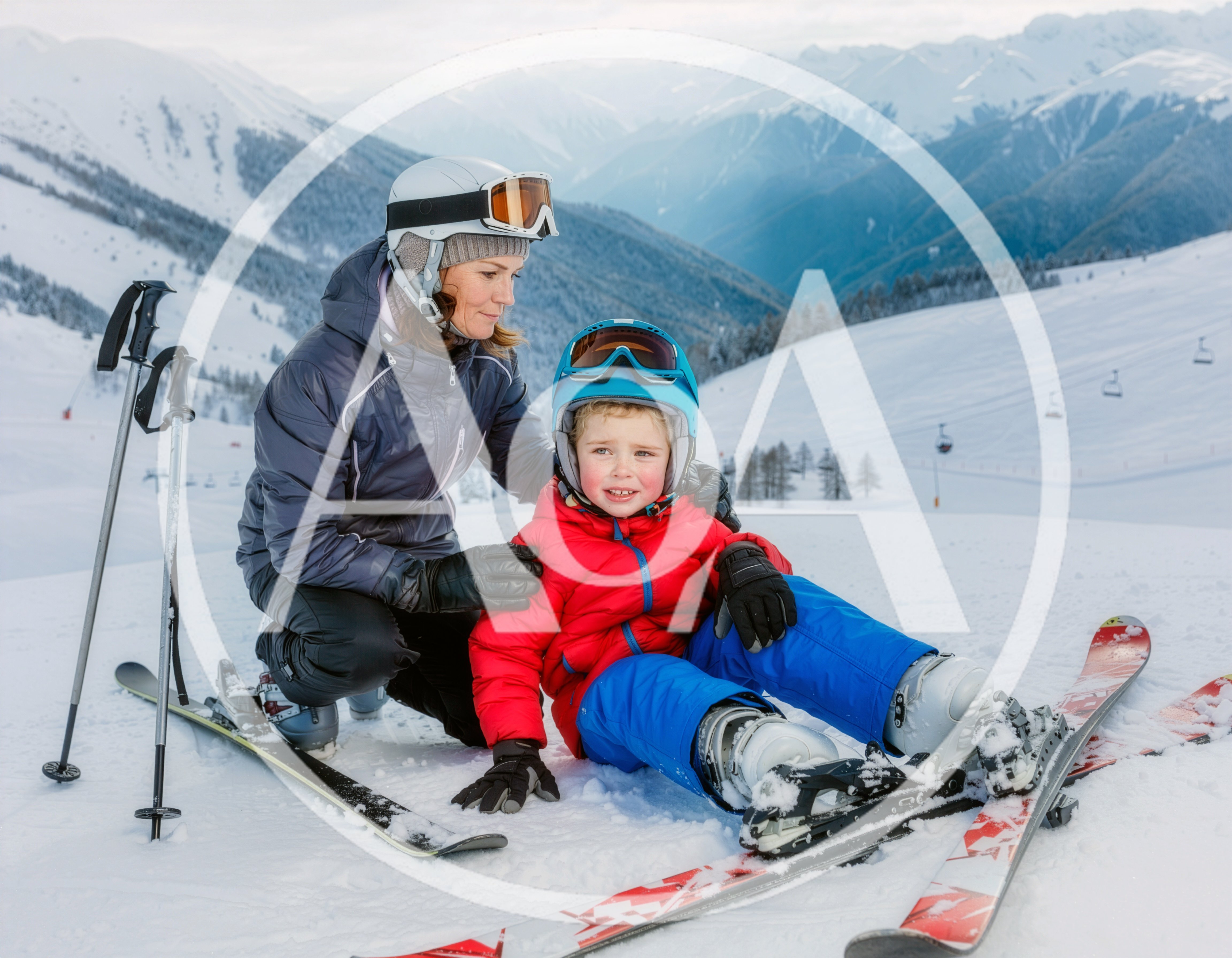 Mother Helping Young Son Learn To Ski