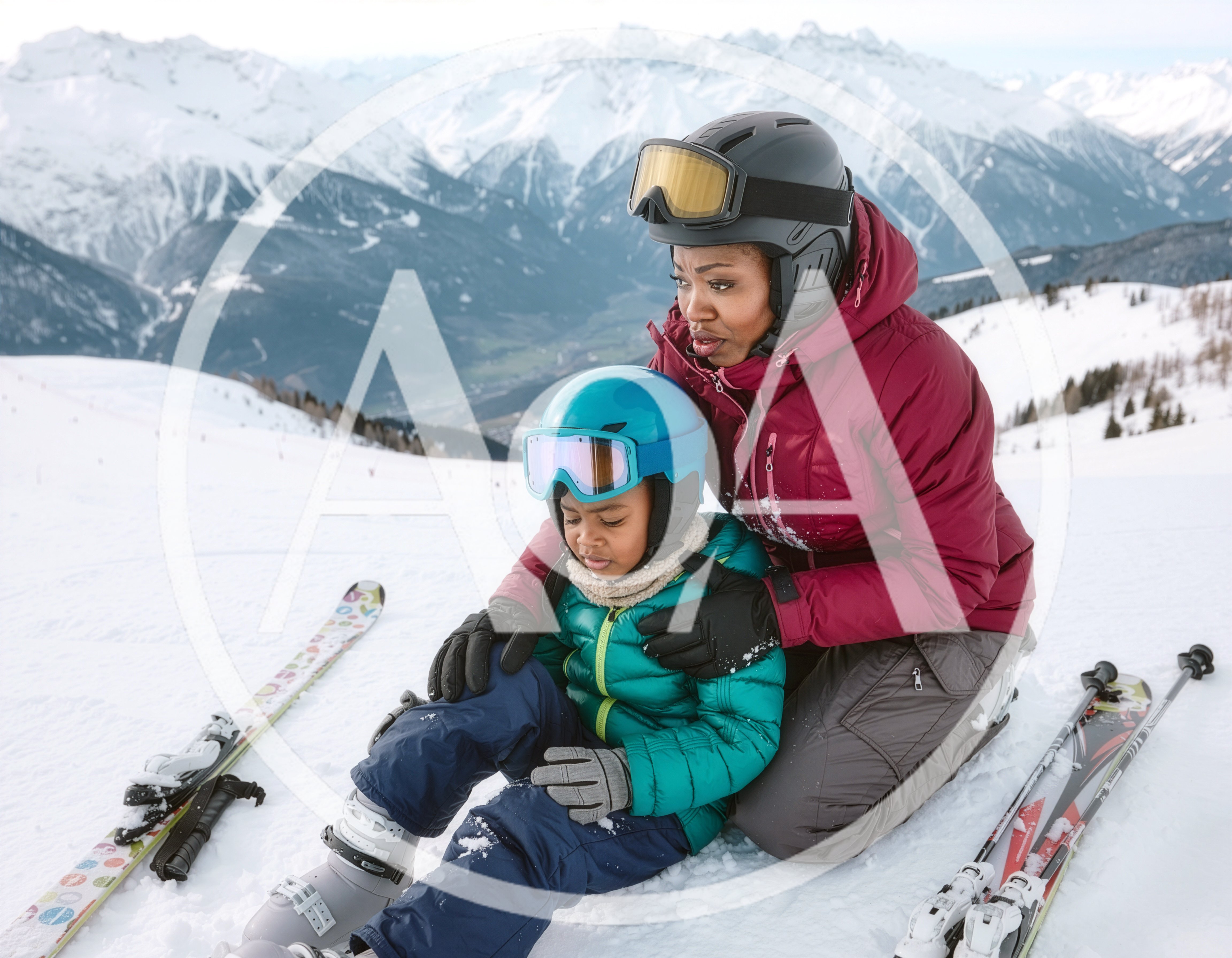 Mother Comforting Young Son During Skiing Lesson