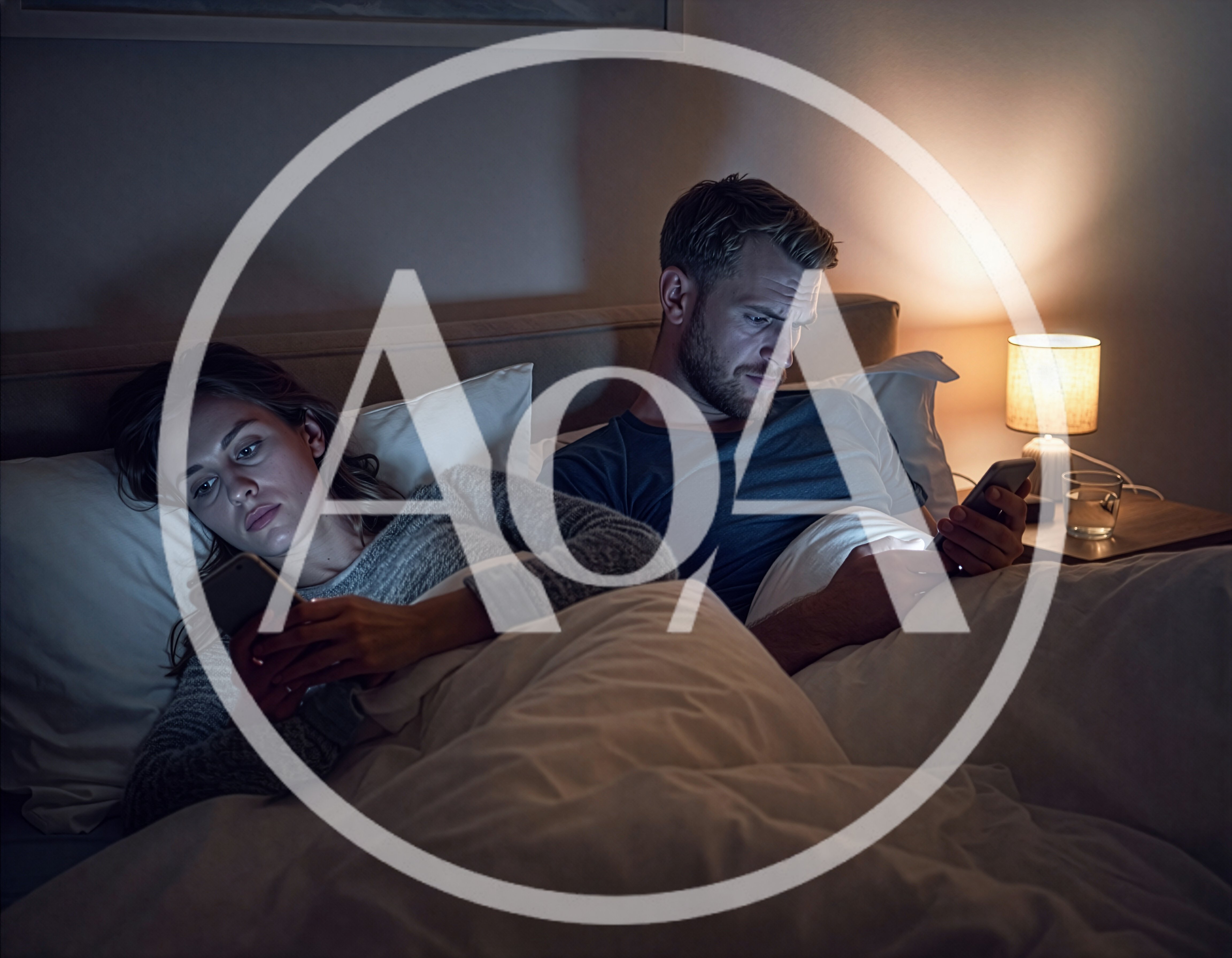 Couple Using Smartphones In Bed At Night