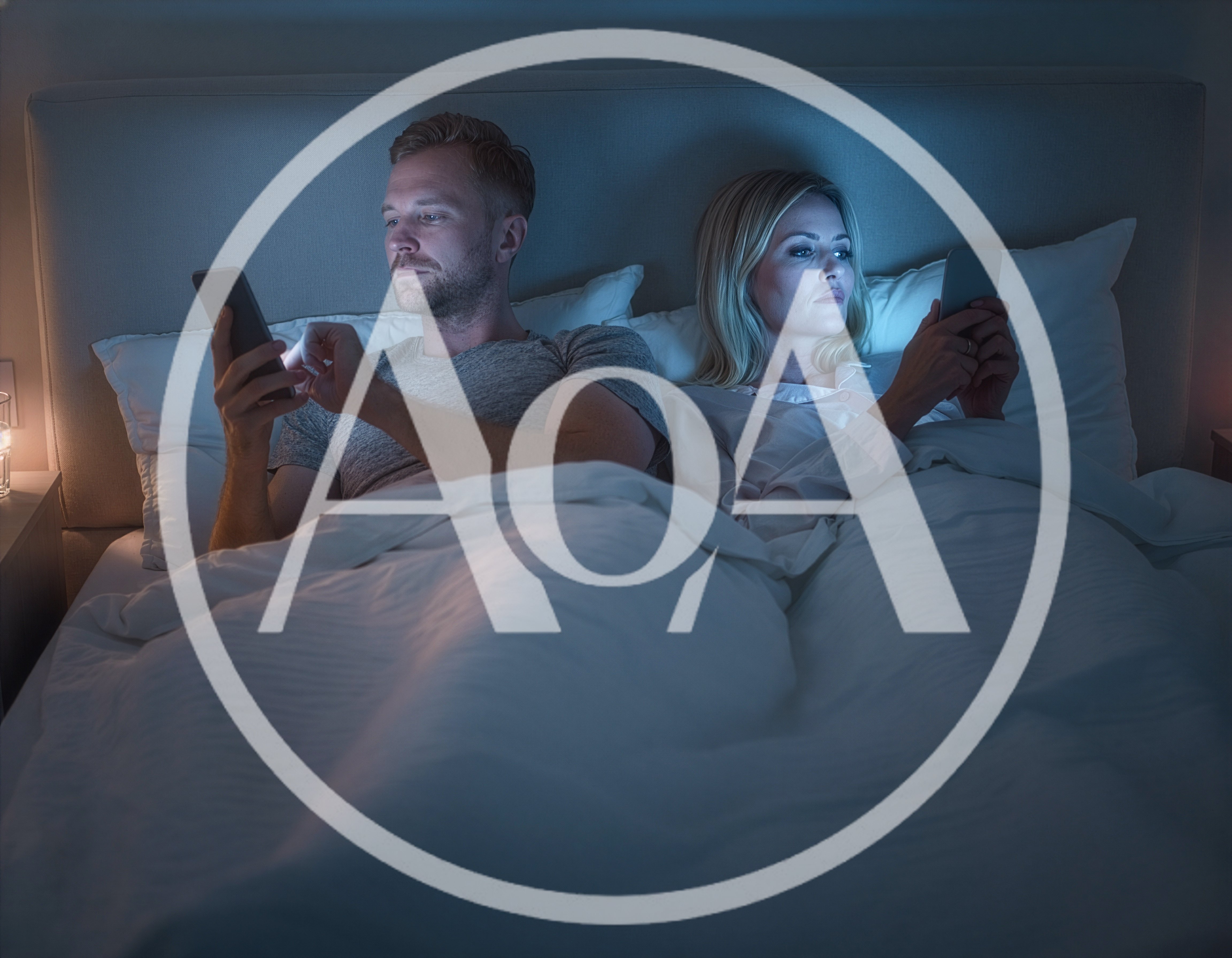 Couple Using Smartphones In Bed At Night