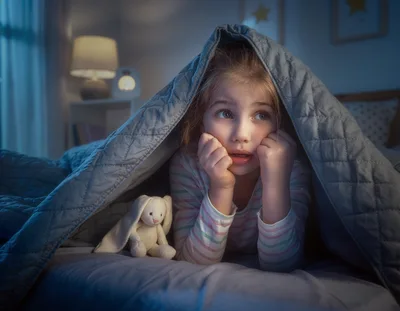 Young Girl Hiding Under Blanket With Stuffed Animal