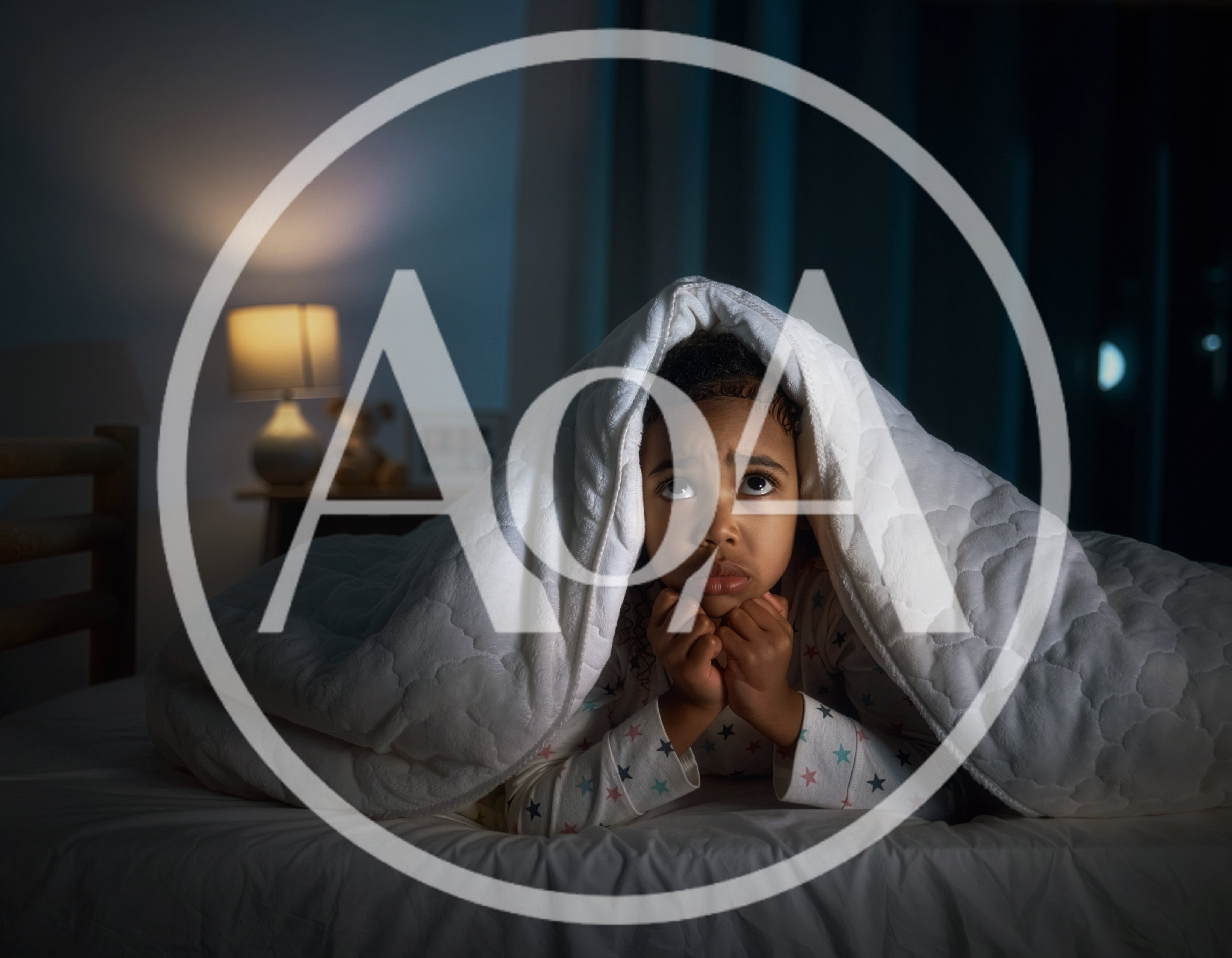 A child is lying in bed at home in dim lighting, peeking out from under the blanket, looking frightened. Night terror concept.