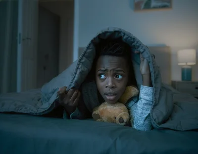 Scared Child Hiding Under Blanket With Teddy Bear