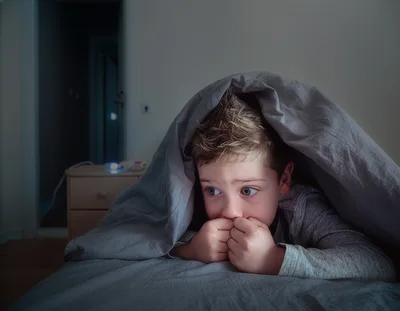 A child is lying in bed at home in dim lighting, peeking out from under the blanket, looking frightened. Night terror concept.