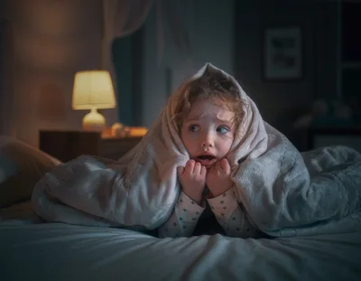 A child is lying in bed at home in dim lighting, peeking out from under the blanket, looking frightened. Night terror concept.