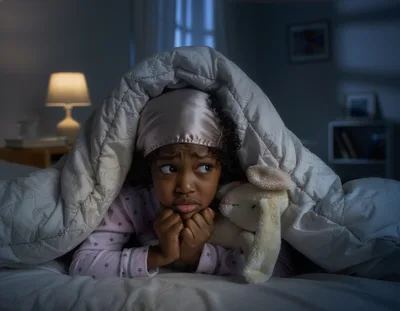 A child is lying in bed at home in dim lighting, peeking out from under the blanket, looking frightened. Night terror concept.