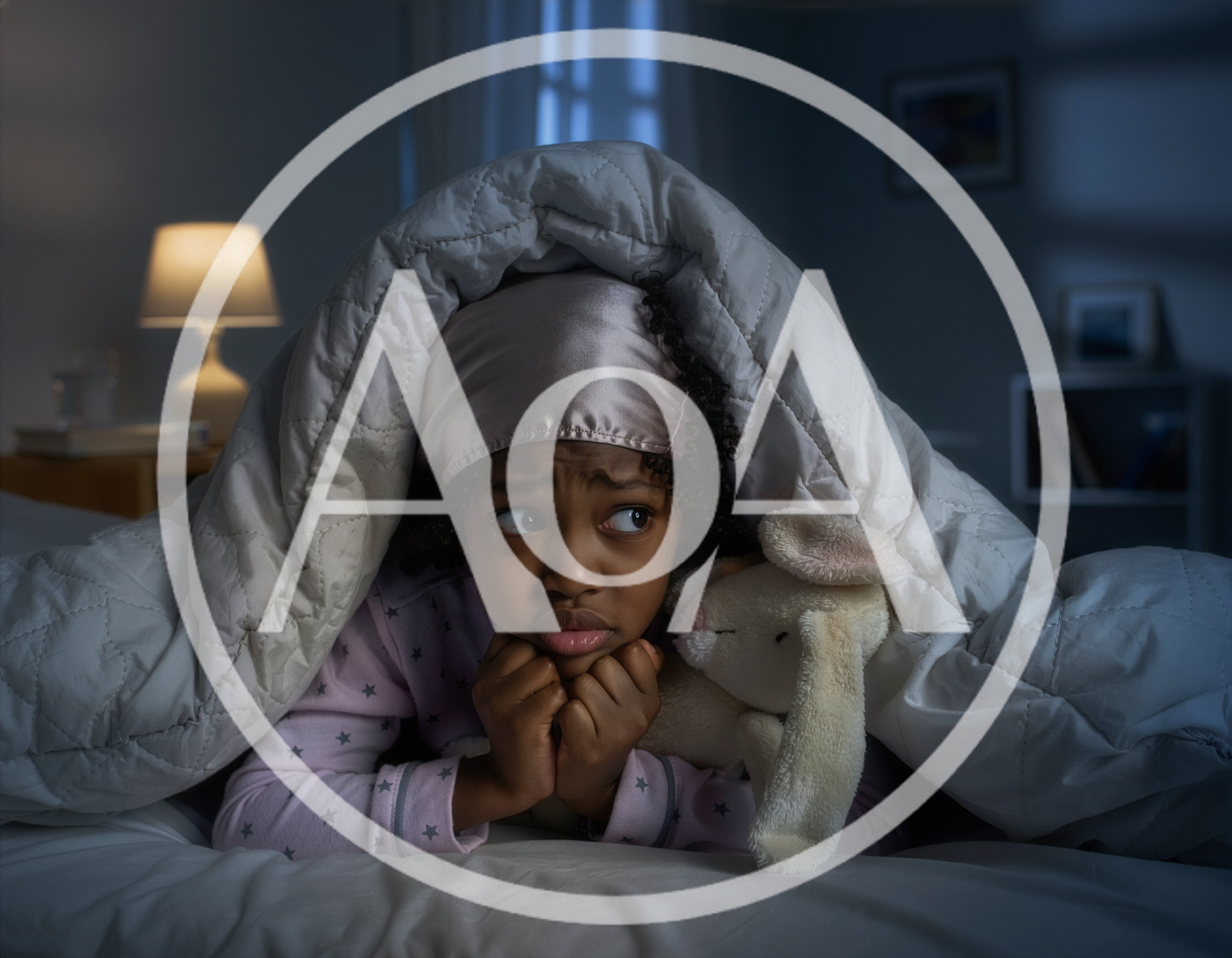 A child is lying in bed at home in dim lighting, peeking out from under the blanket, looking frightened. Night terror concept.