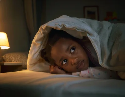 A child is lying in bed at home in dim lighting, peeking out from under the blanket, looking frightened. Night terror concept.