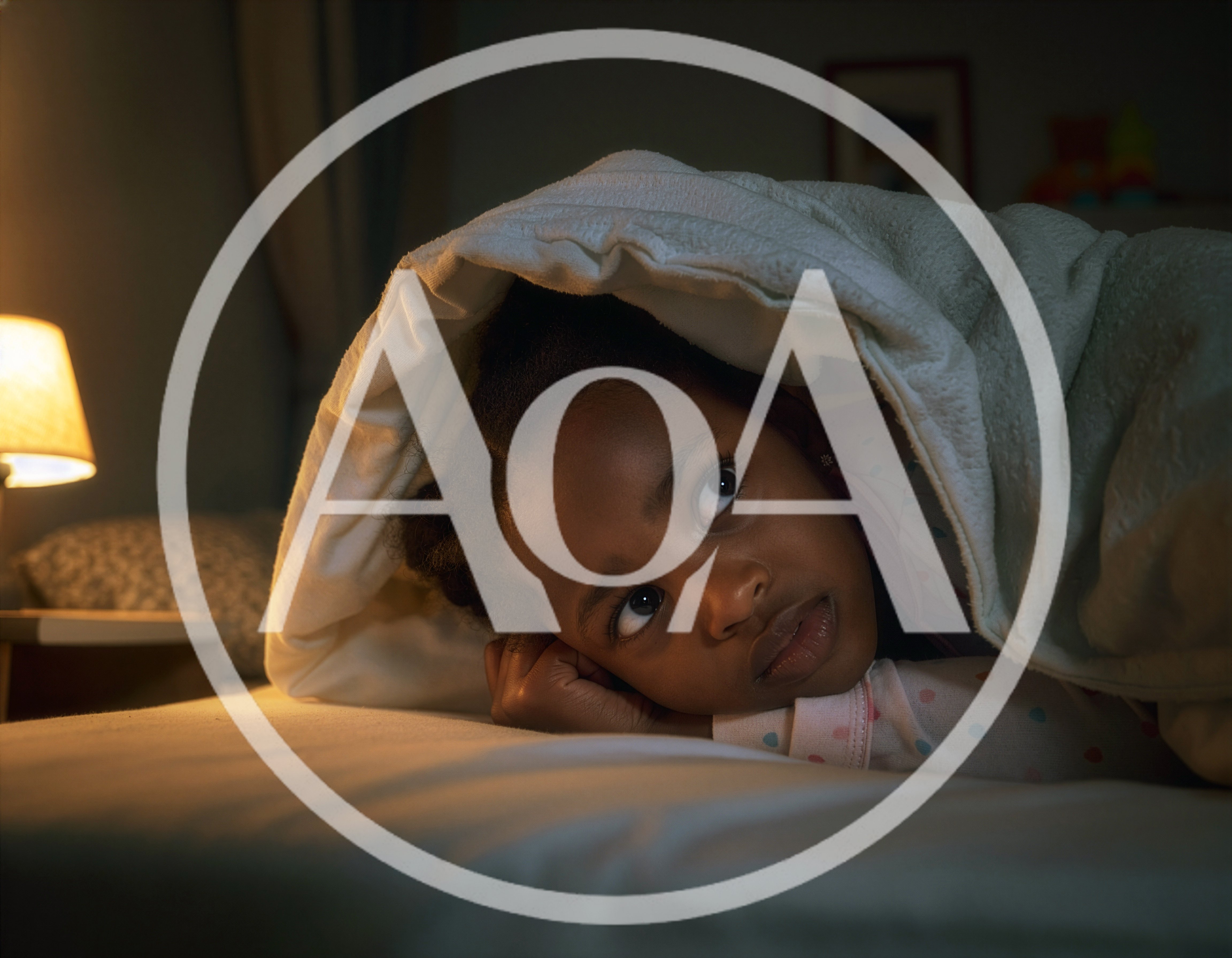 A child is lying in bed at home in dim lighting, peeking out from under the blanket, looking frightened. Night terror concept.