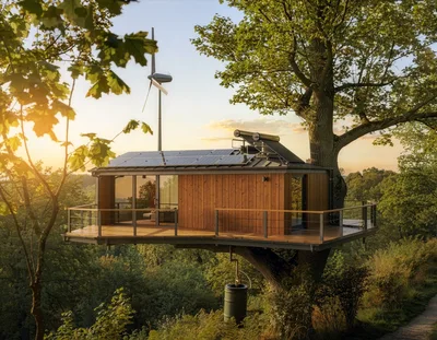 Modern Sustainable Treehouse Cabin With Renewable Energy Systems