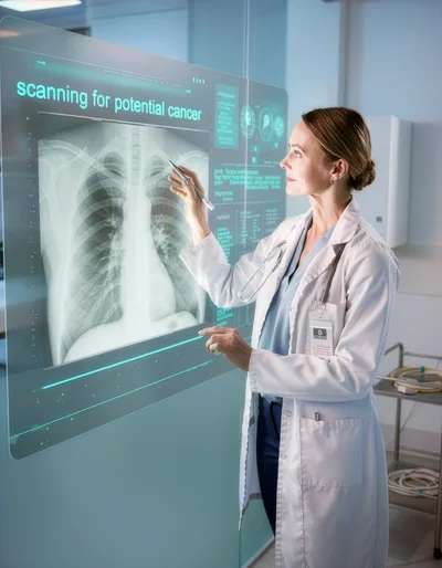 Female Doctor Analyzing Chest X-Ray On Digital Screen