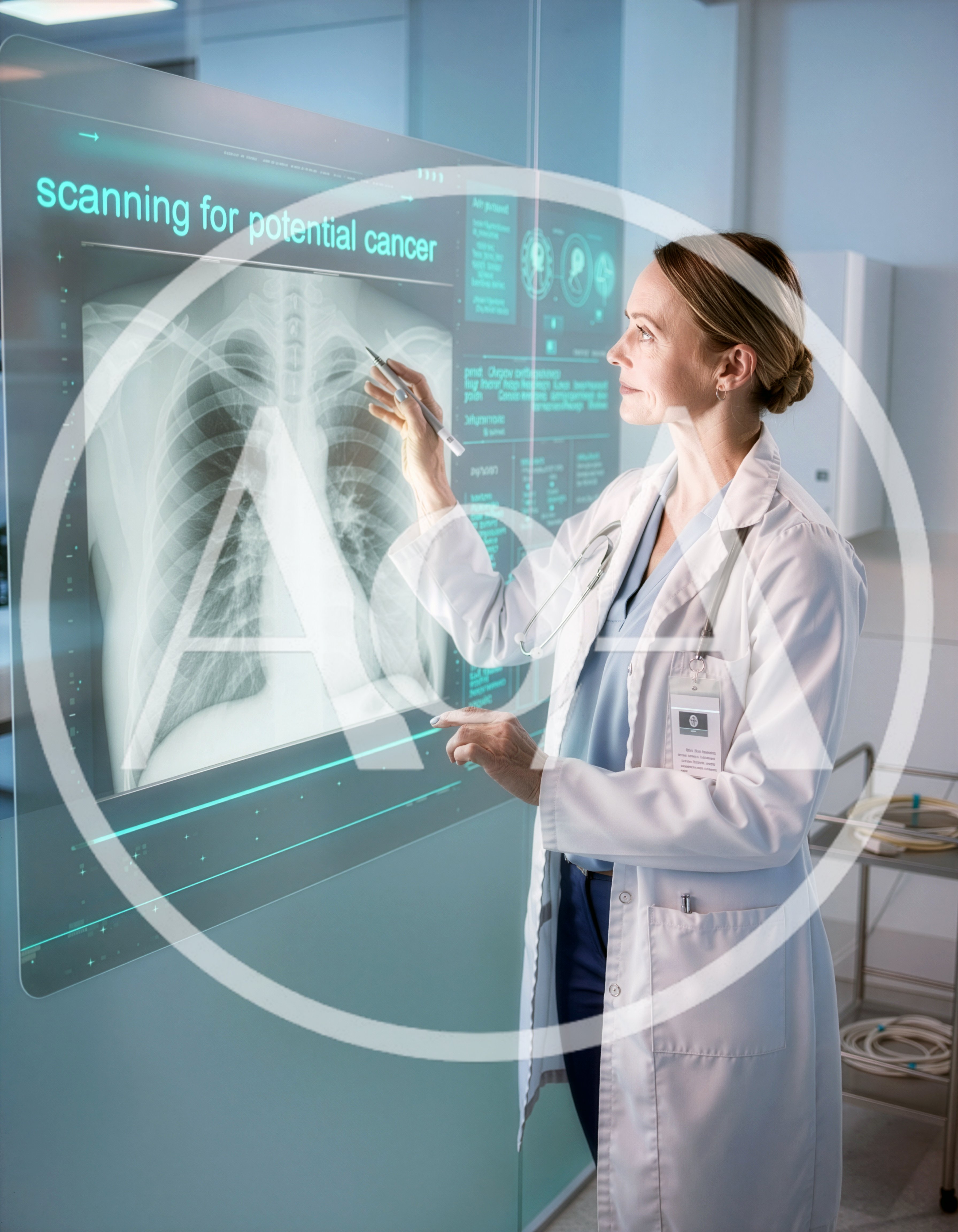 Female Doctor Analyzing Chest X-Ray On Digital Screen
