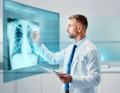 Doctor Analyzing Chest X-Ray on Futuristic Digital Display