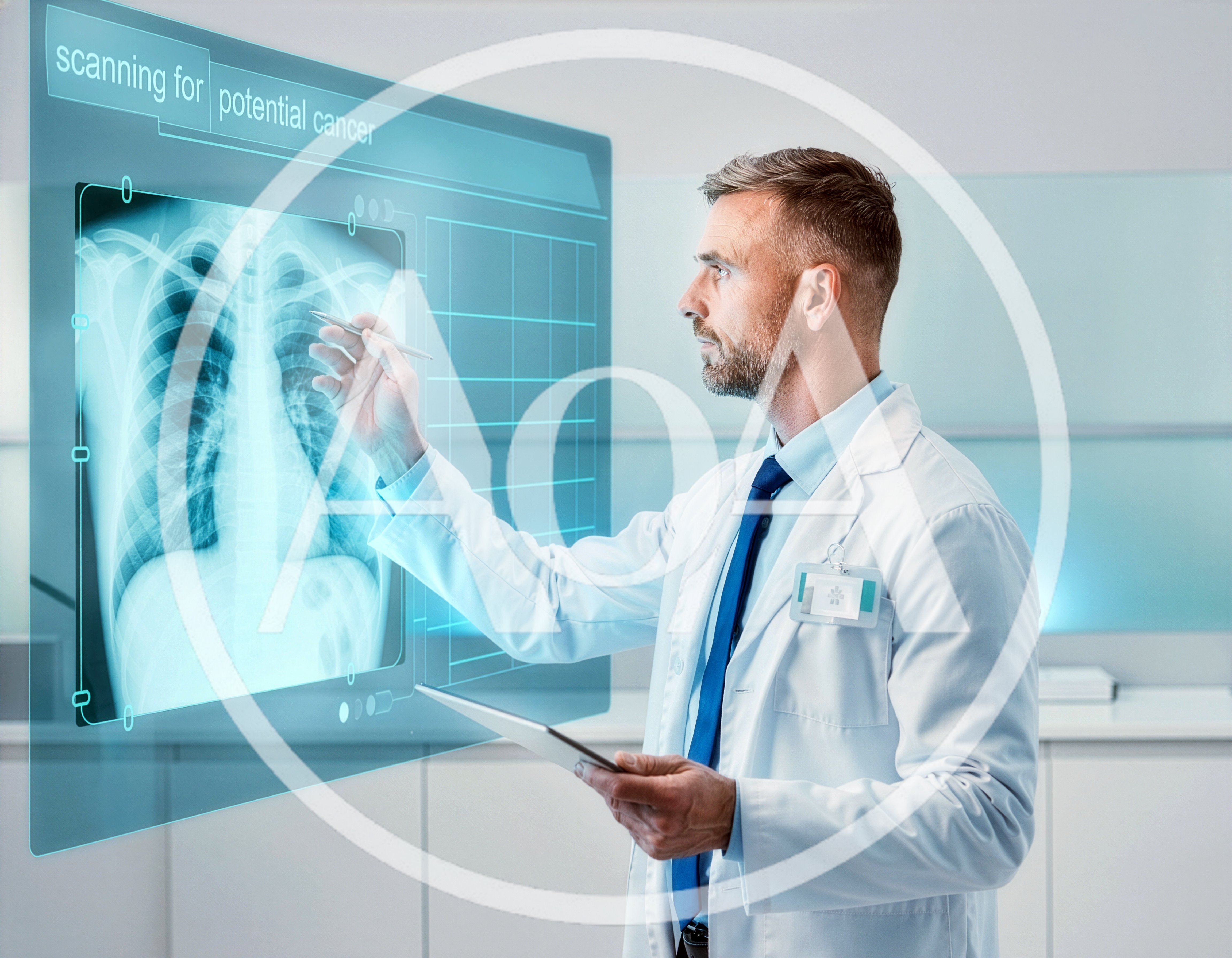 Doctor Analyzing Chest X-Ray on Futuristic Digital Display