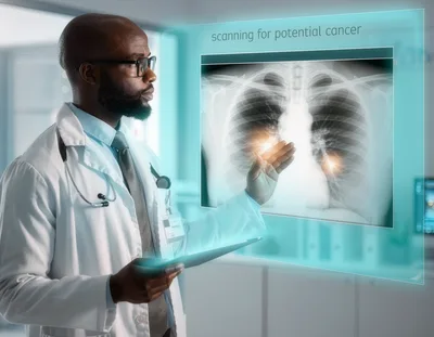 Doctor Analyzing Digital Lung X-Ray Scan