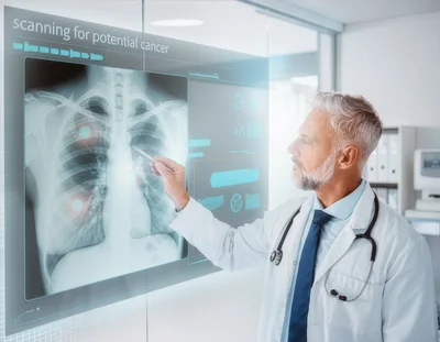 Doctor Analyzing Digital Lung X-Ray Scan