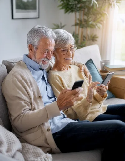 Senior Couple Using Smartphones Together On Sofa