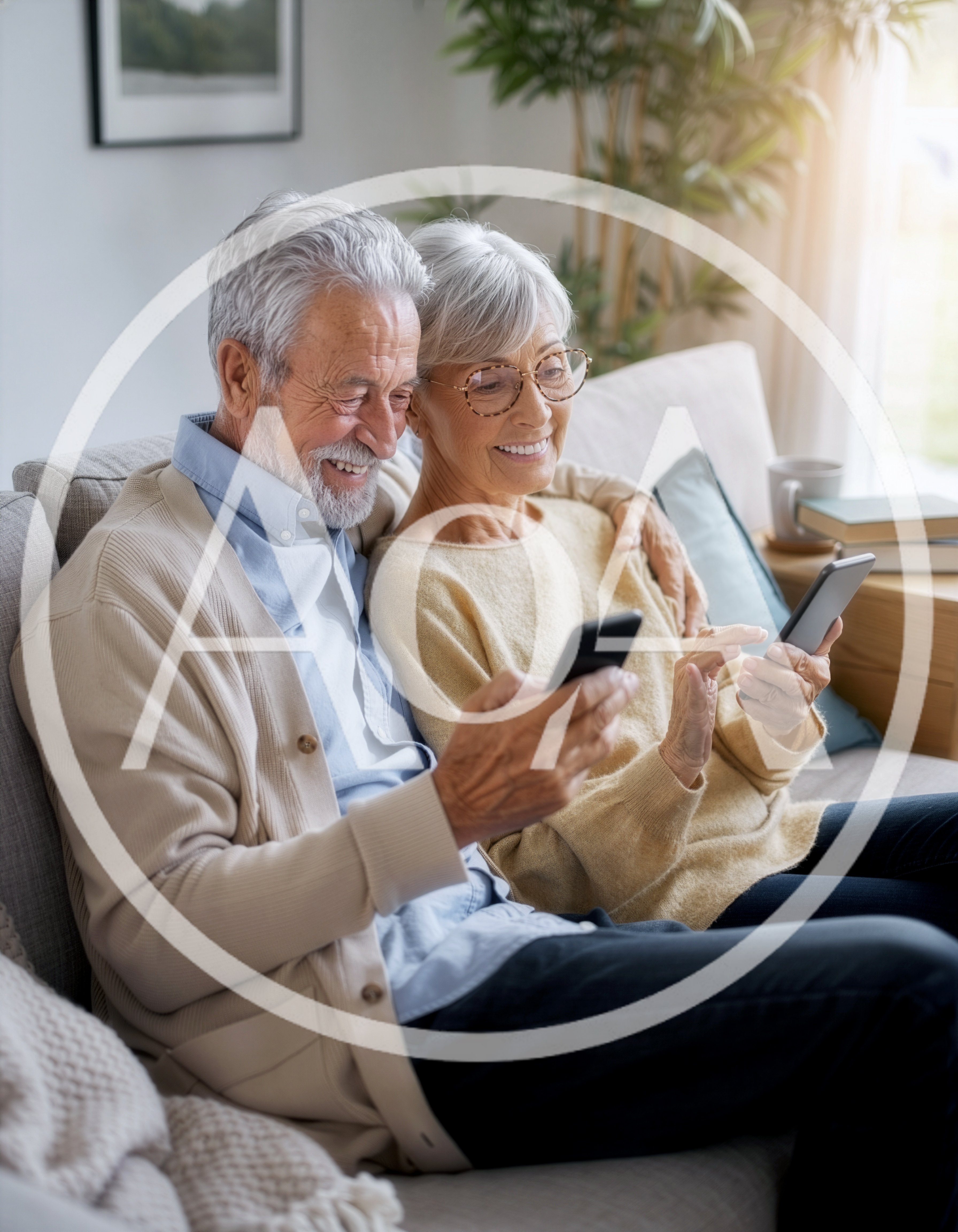 Senior Couple Using Smartphones Together On Sofa