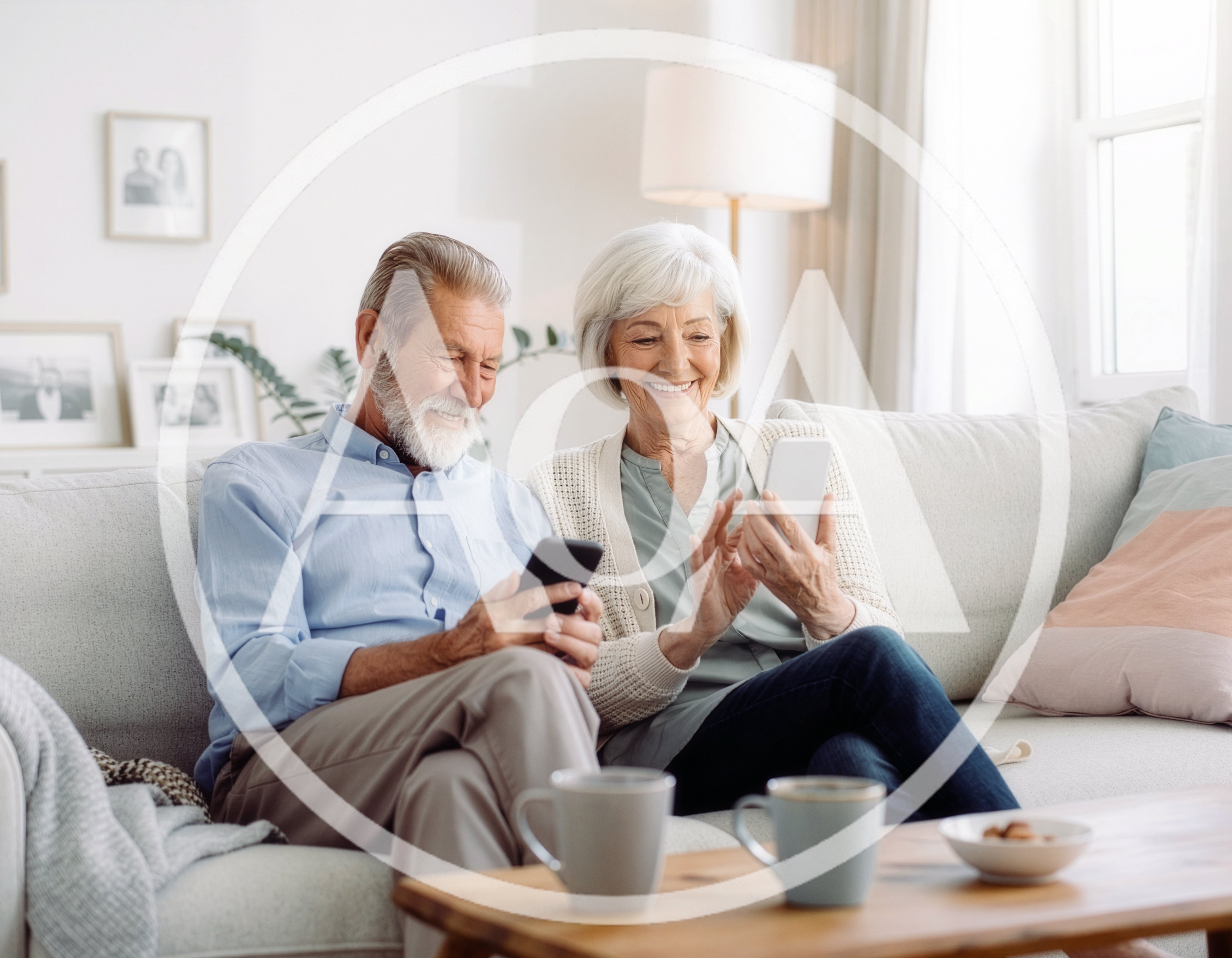 Senior Couple Using Smartphones Together on Sofa