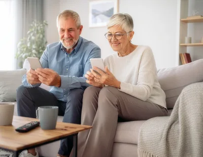 Senior Couple Using Smartphones Together On Sofa